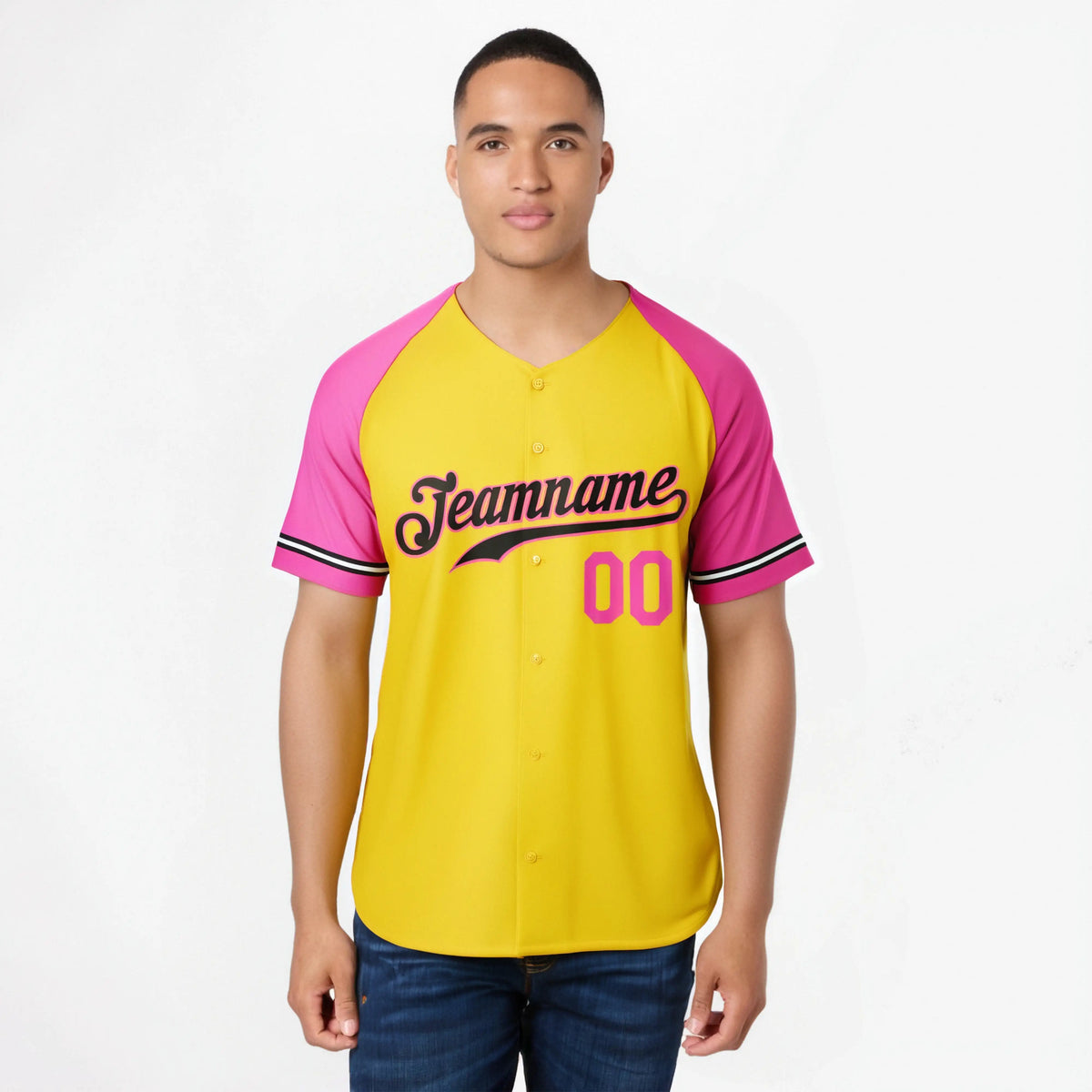 Custom Yellow Pink Authentic Raglan Sleeves Baseball Jersey