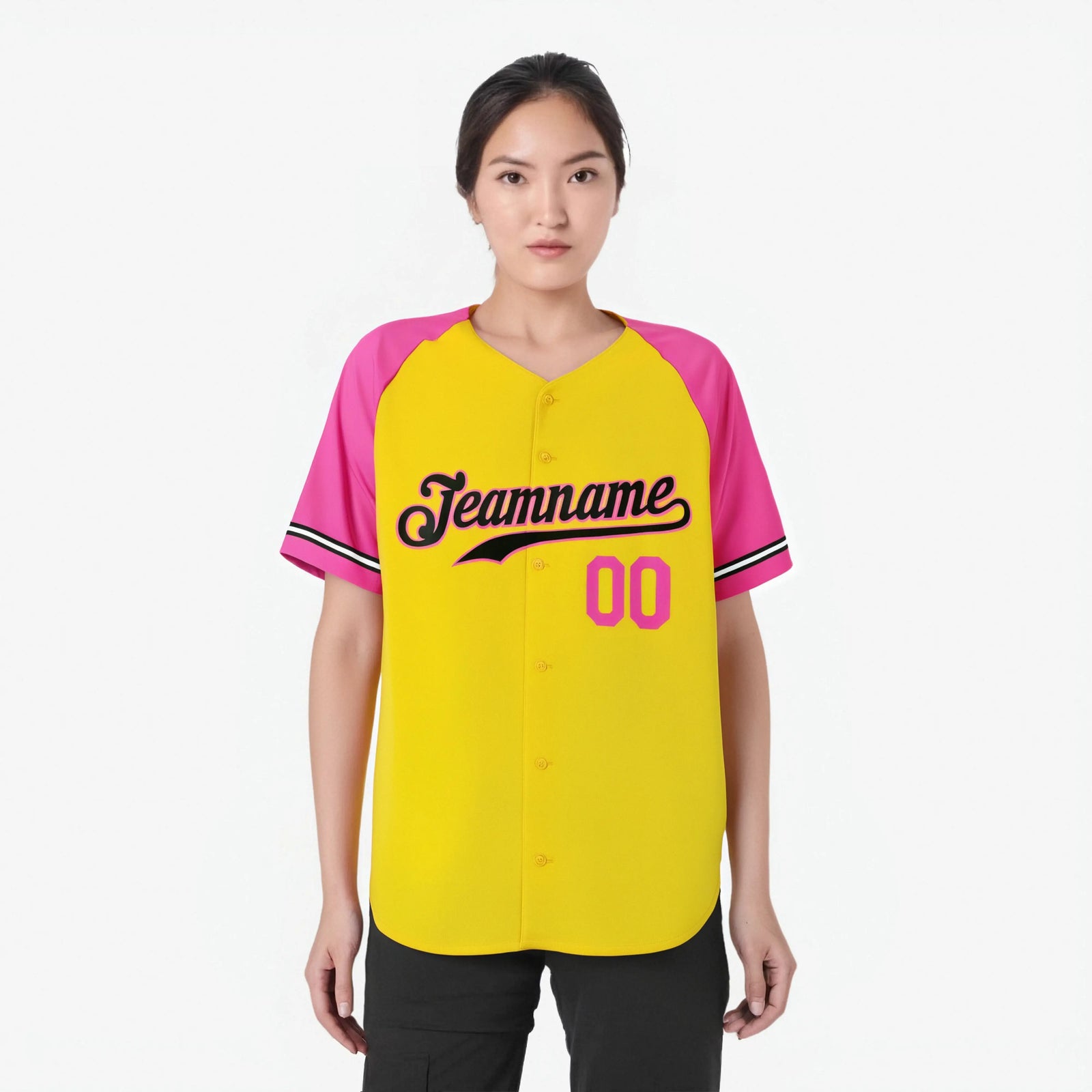 Custom Yellow Pink Authentic Raglan Sleeves Baseball Jersey