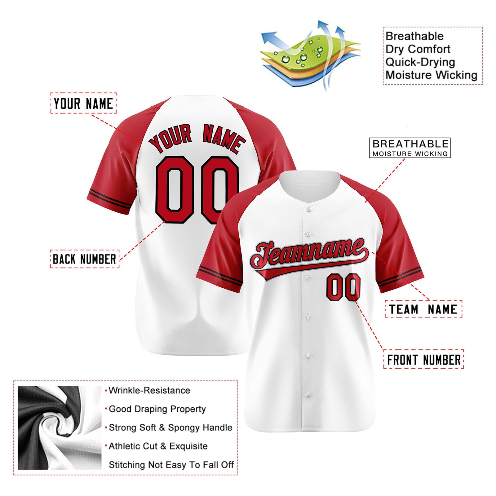 Custom White Red Authentic Raglan Sleeves Baseball Jersey