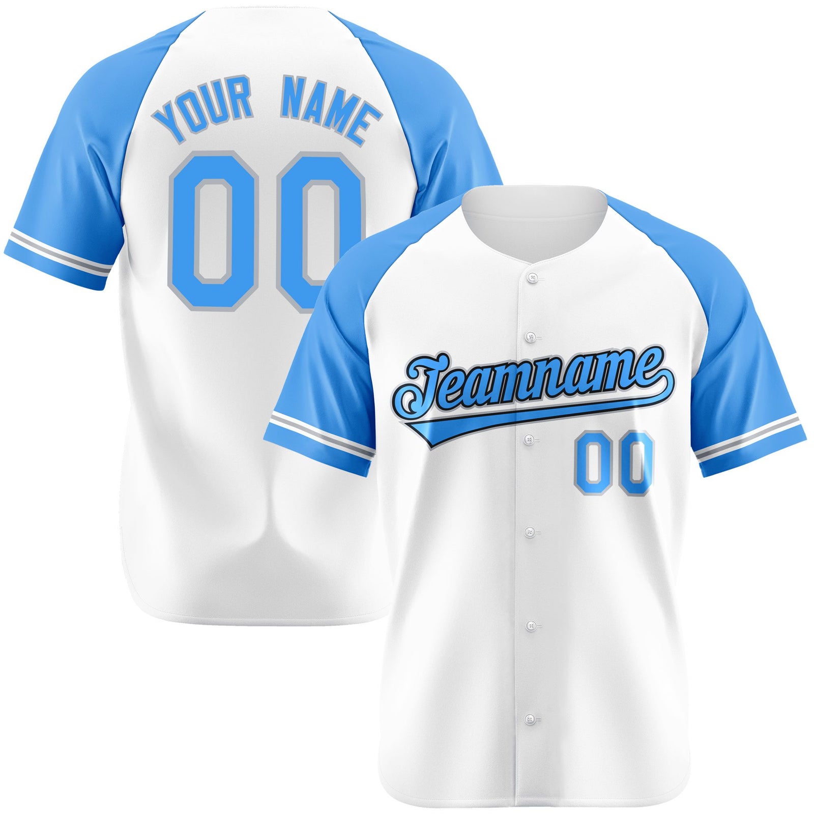 Custom White Light-Blue Authentic Raglan Sleeves Baseball Jersey