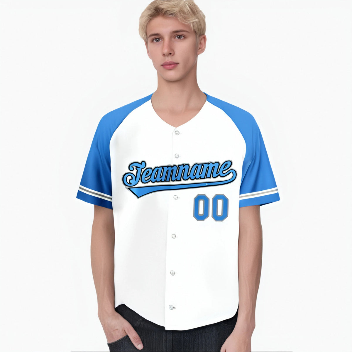 Custom White Light-Blue Authentic Raglan Sleeves Baseball Jersey