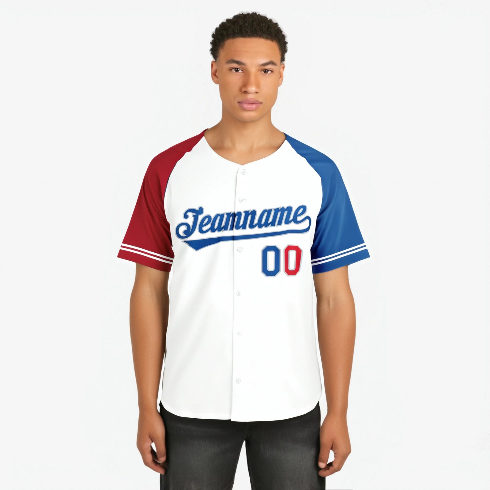 Custom White Red-Blue Authentic Raglan Sleeves Baseball Jersey