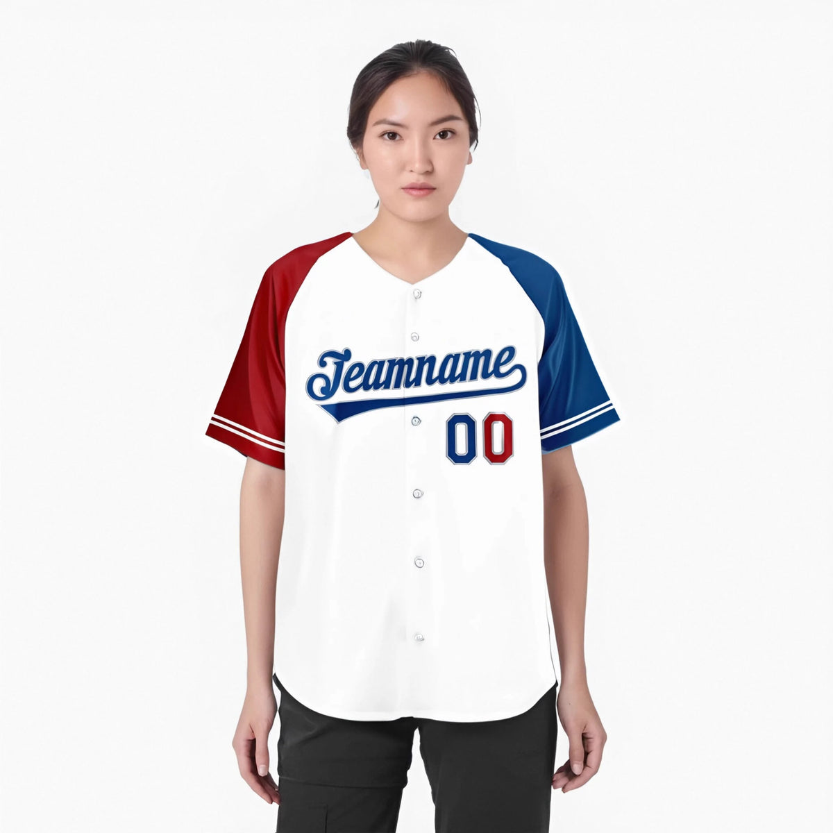 Custom White Red-Blue Authentic Raglan Sleeves Baseball Jersey