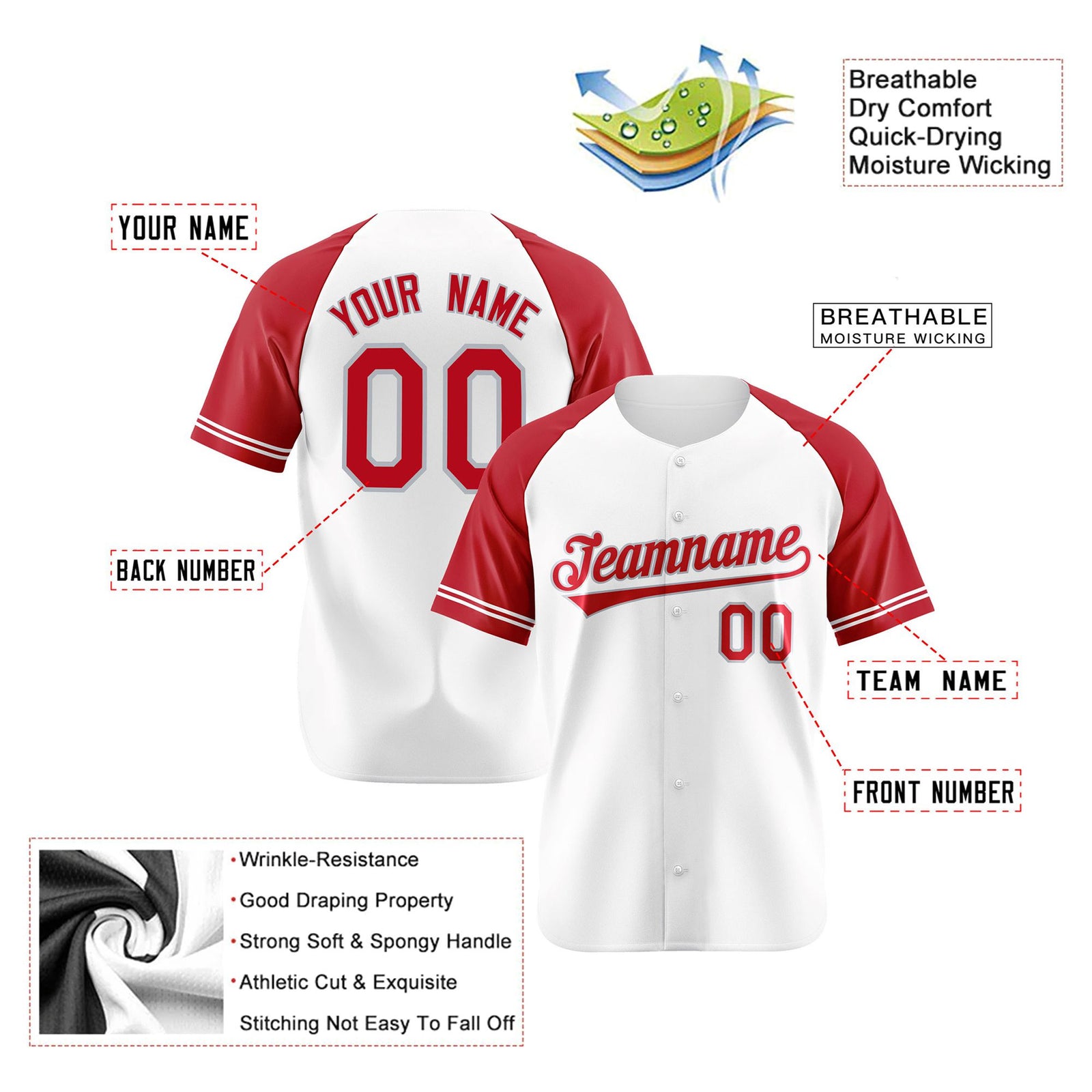 Custom White Red Authentic Raglan Sleeves Baseball Jersey