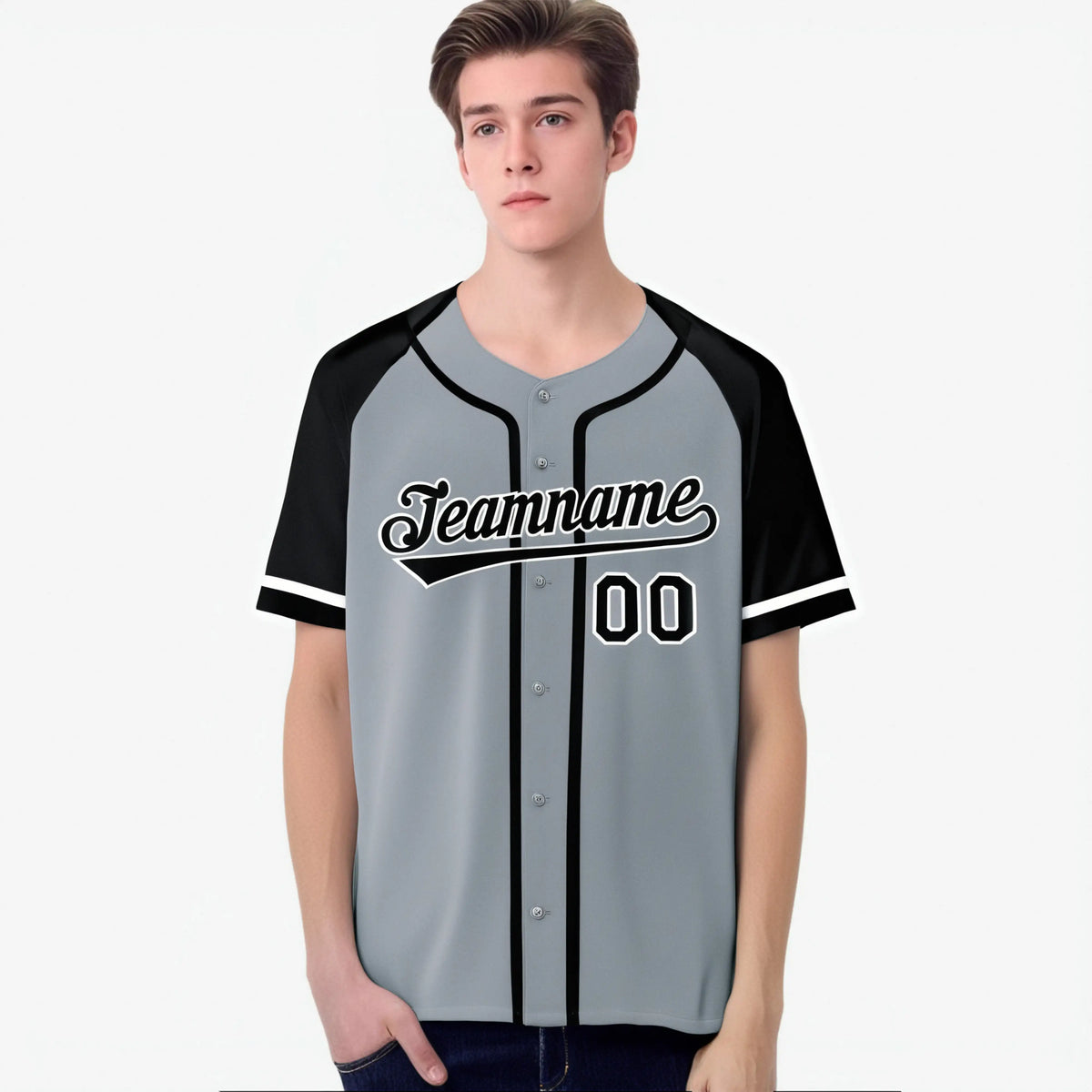 Custom Gray Black Authentic Raglan Sleeves Baseball Jersey