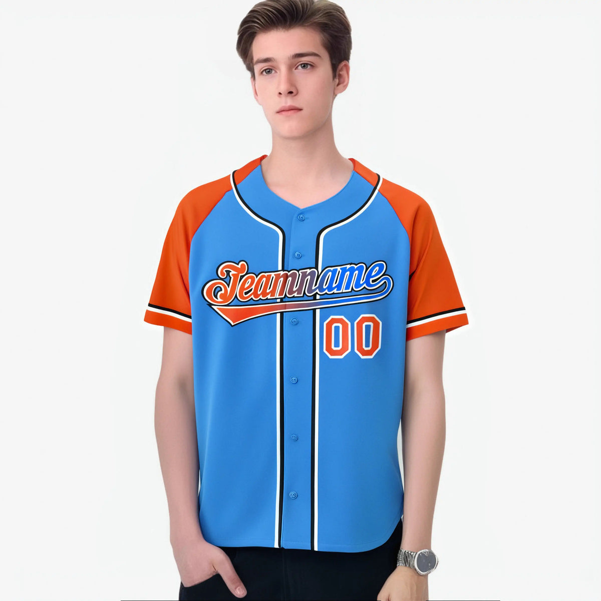 Custom Powder Blue Orange Authentic Raglan Sleeves Baseball Jersey