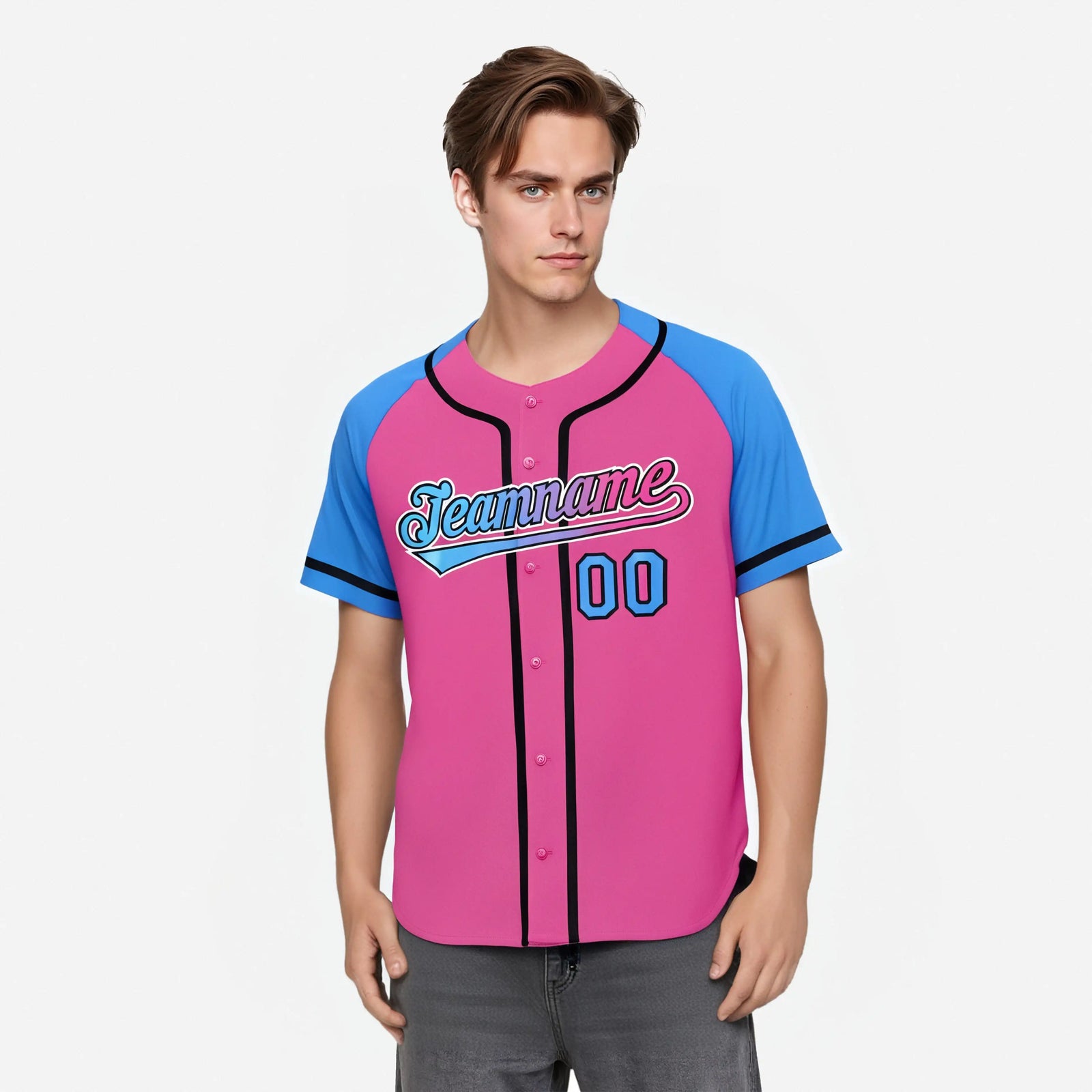Custom Pink Powder Blue Authentic Raglan Sleeves Baseball Jersey