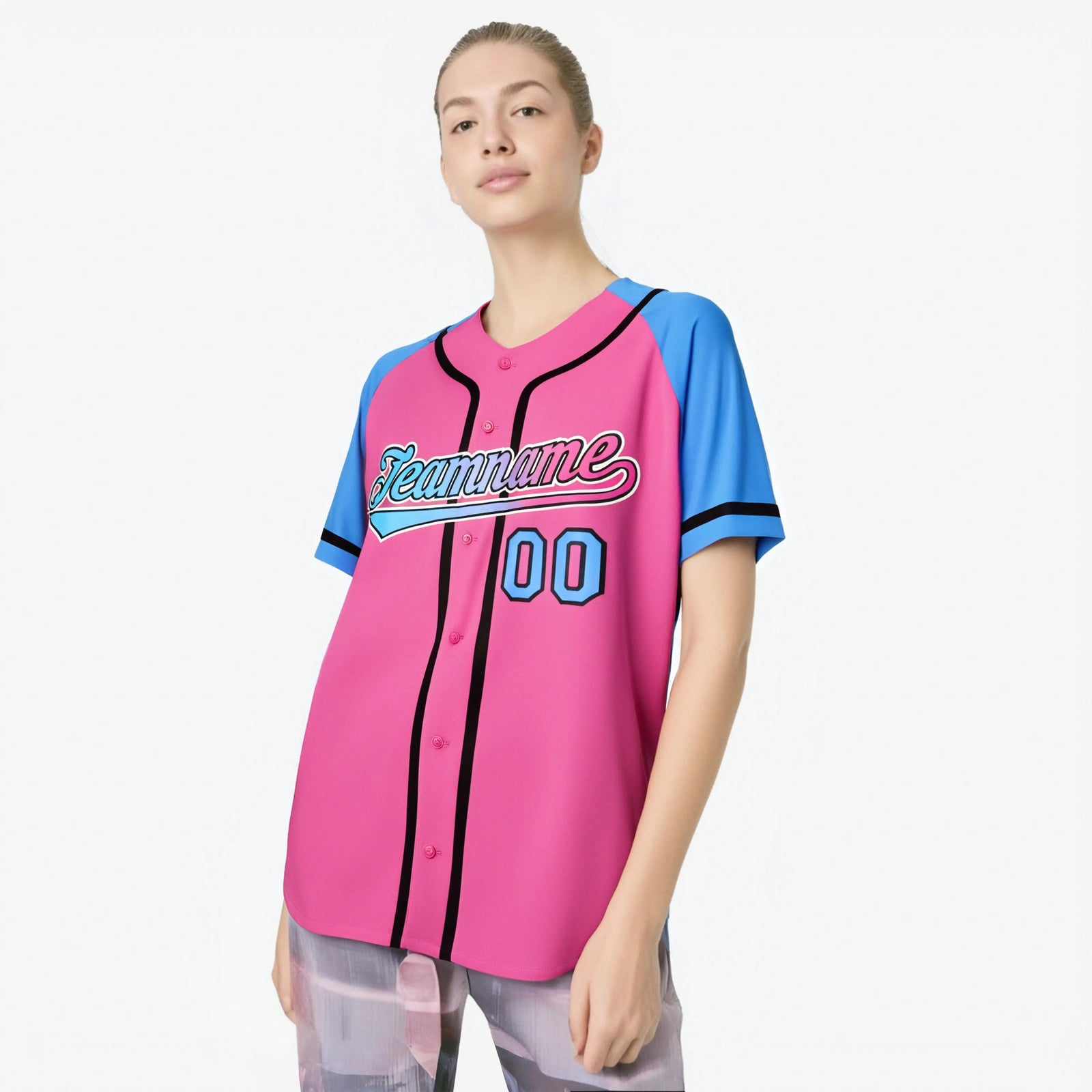 Custom Pink Powder Blue Authentic Raglan Sleeves Baseball Jersey