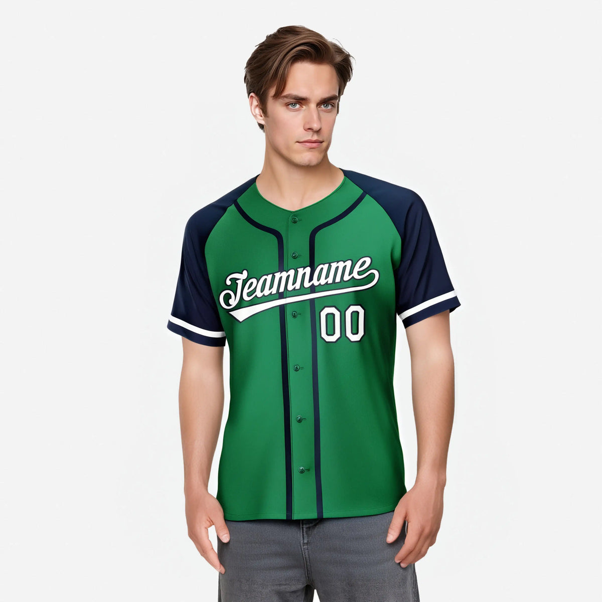 Custom Kelly Green Navy Authentic Raglan Sleeves Baseball Jersey