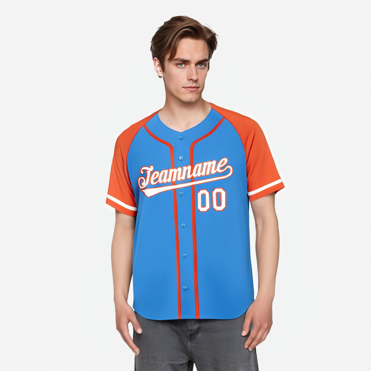 Custom Powder Blue Orange White Authentic Raglan Sleeves Baseball Jersey