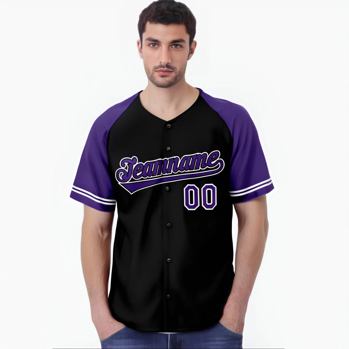 Custom Black Purple Authentic Raglan Sleeves Baseball Jersey