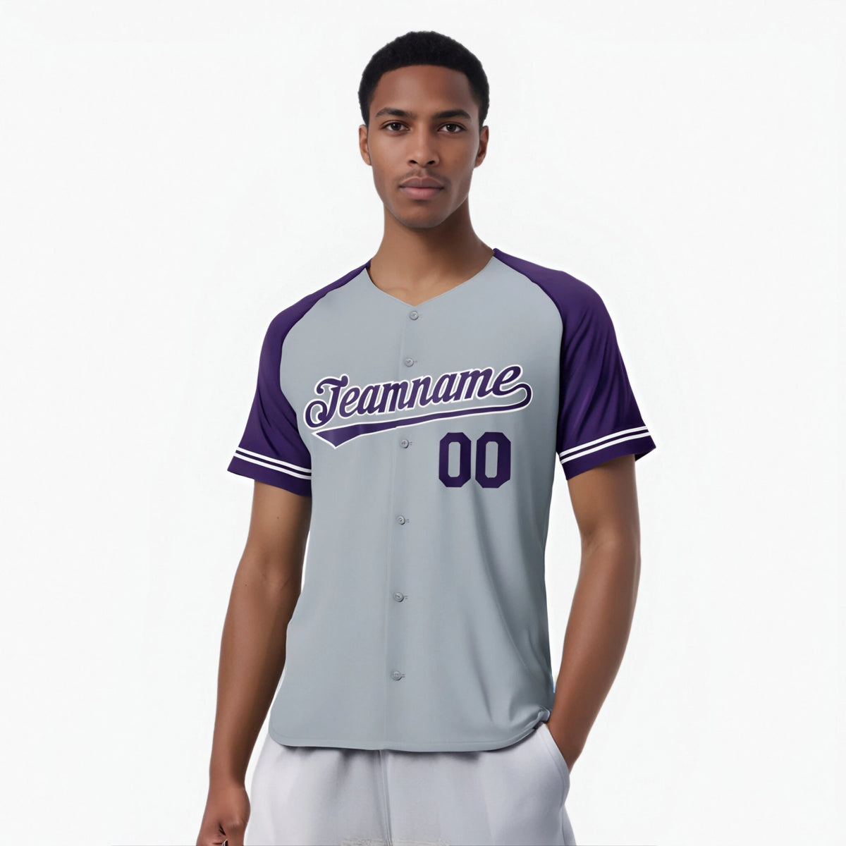 Custom Gray Purple Authentic Raglan Sleeves Baseball Jersey