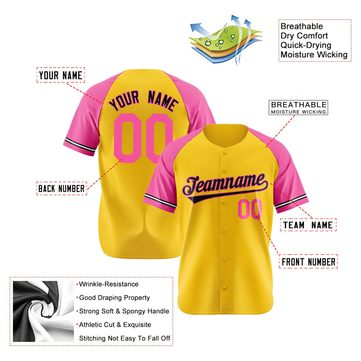 Custom Yellow Pink Authentic Raglan Sleeves Baseball Jersey