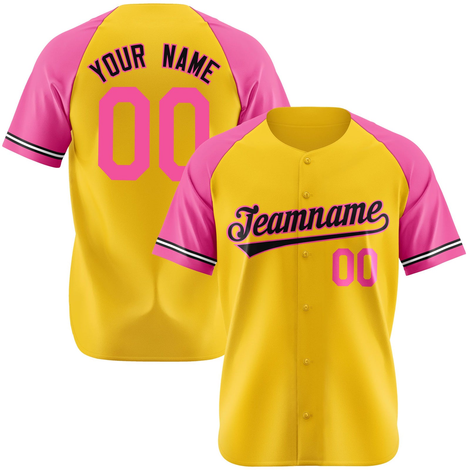 Custom Yellow Pink Authentic Raglan Sleeves Baseball Jersey