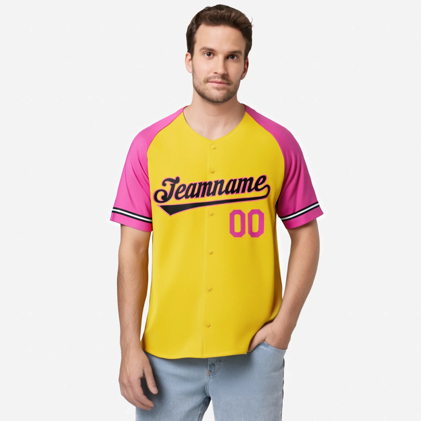 Custom Yellow Pink Authentic Raglan Sleeves Baseball Jersey