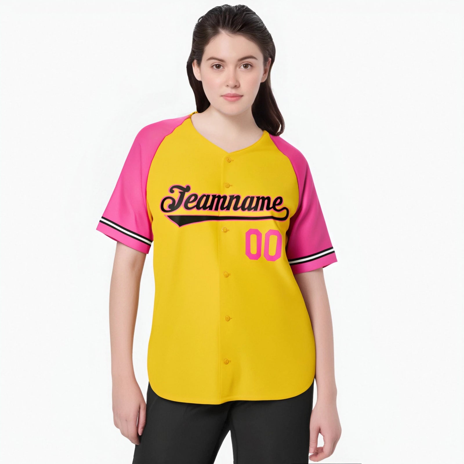 Custom Yellow Pink Authentic Raglan Sleeves Baseball Jersey