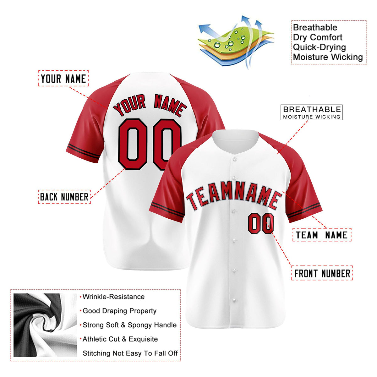 Custom White Red Authentic Raglan Sleeves Baseball Jersey