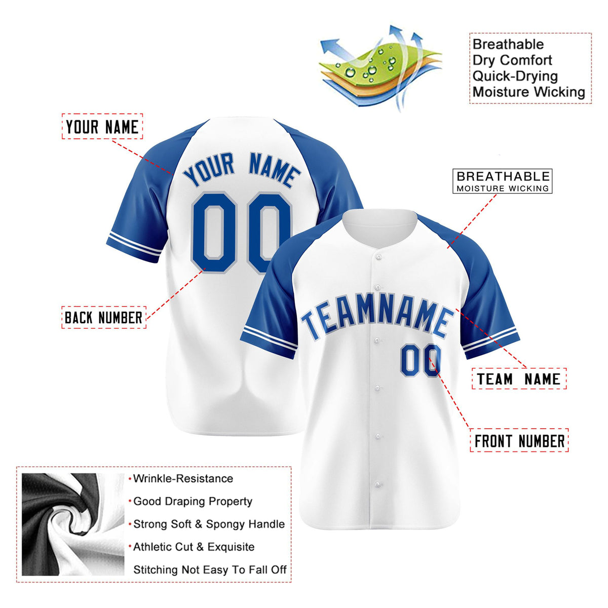 Custom White Royal Blue Authentic Raglan Sleeves Baseball Jersey