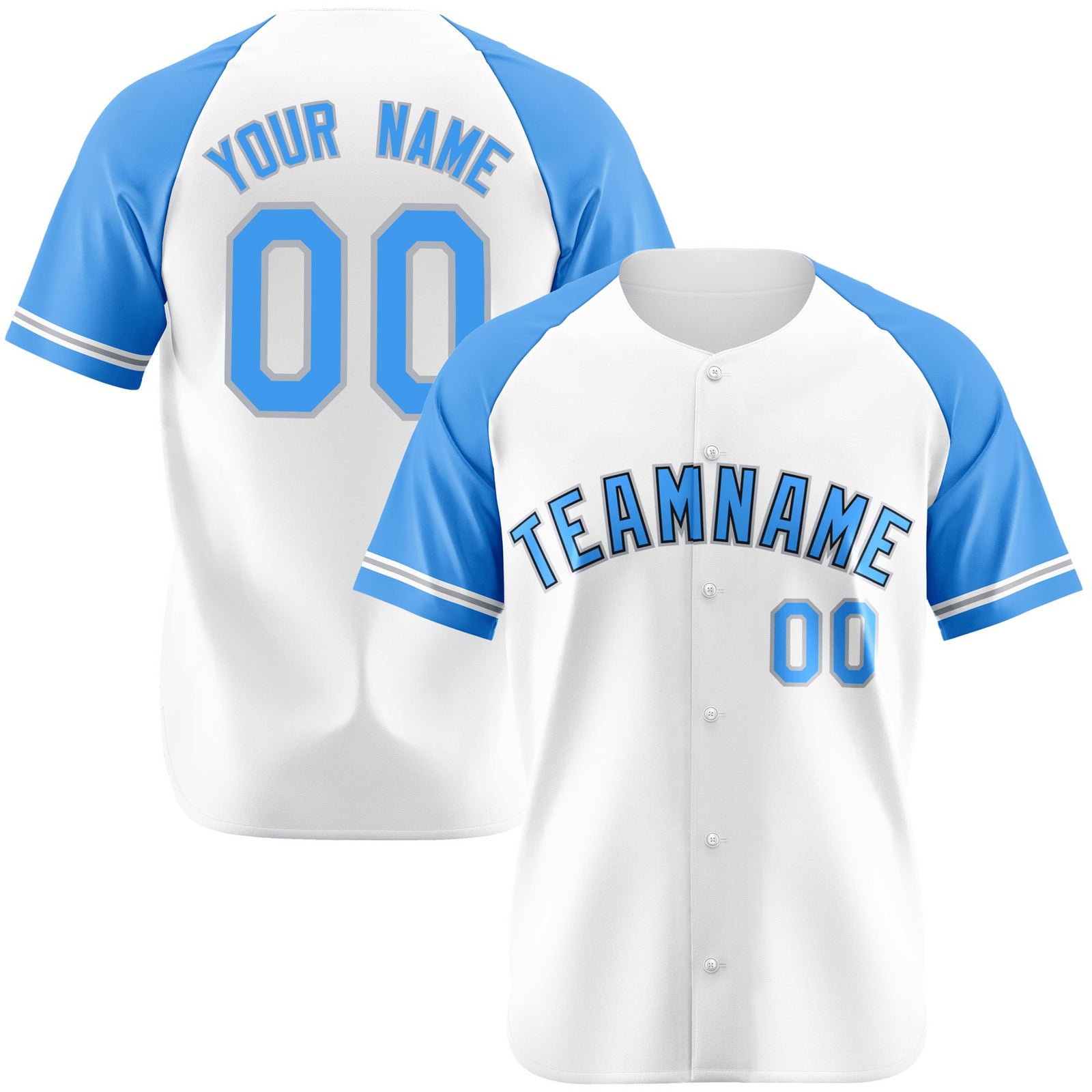 Custom White Light-Blue Authentic Raglan Sleeves Baseball Jersey