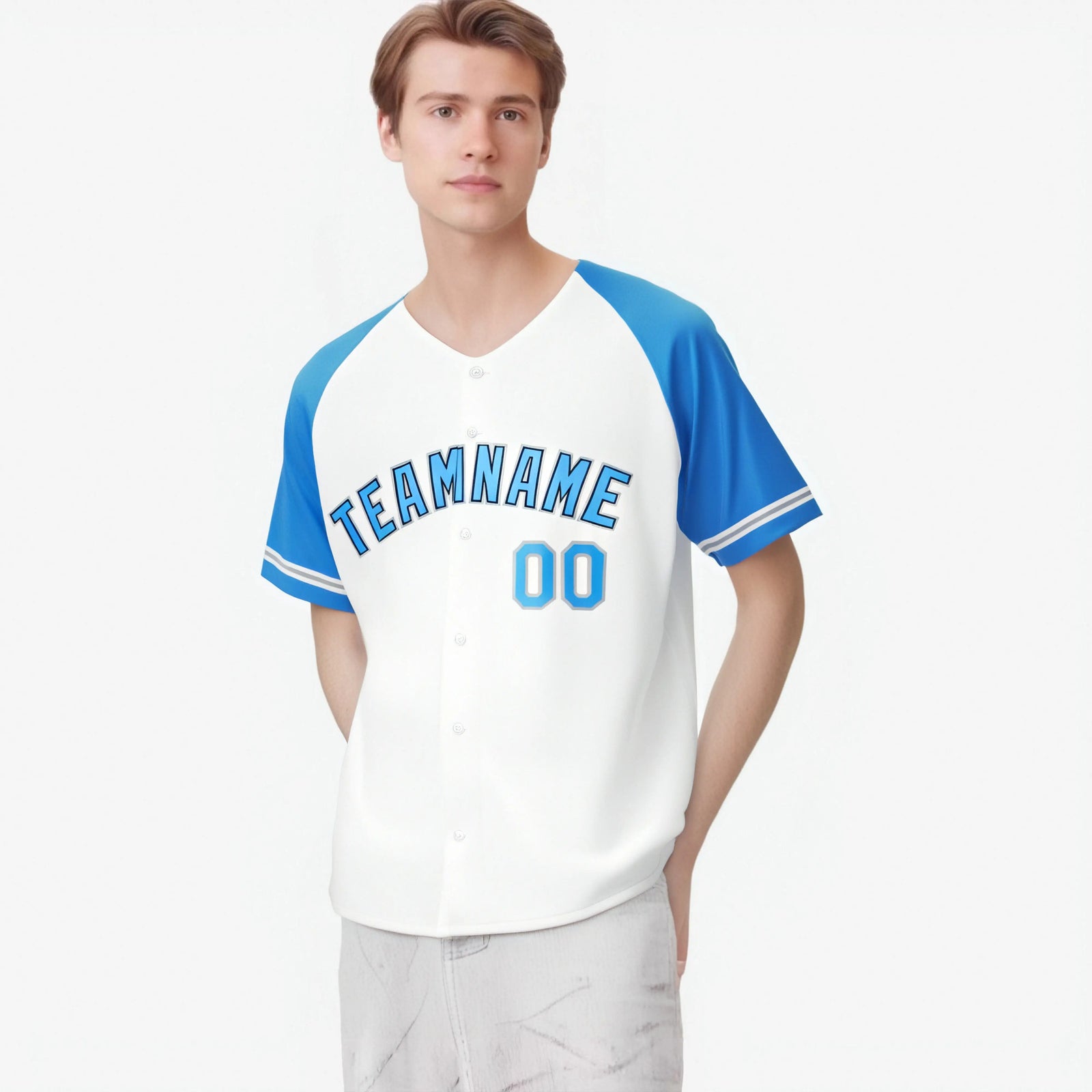 Custom White Light-Blue Authentic Raglan Sleeves Baseball Jersey