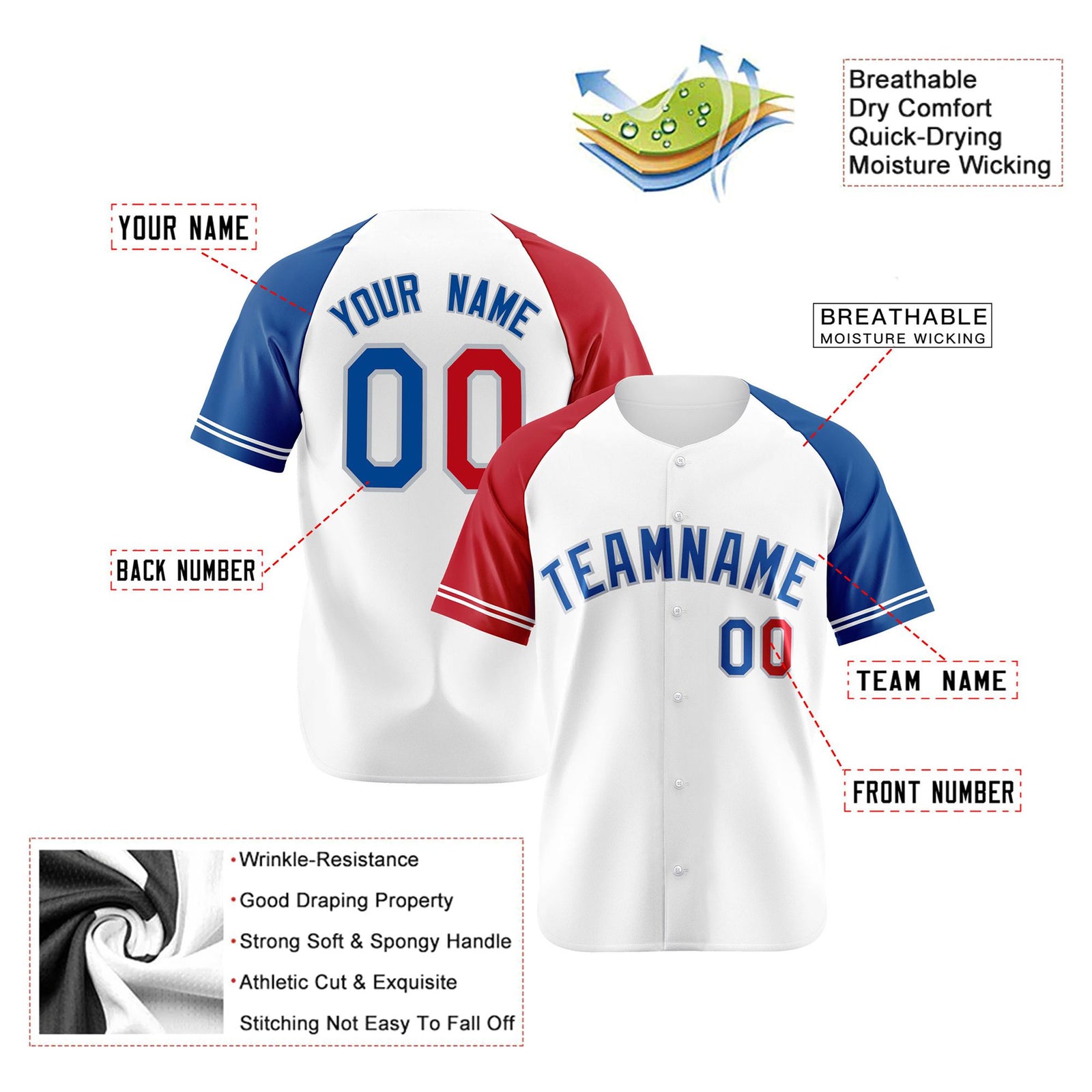 Custom White Red-Blue Authentic Raglan Sleeves Baseball Jersey