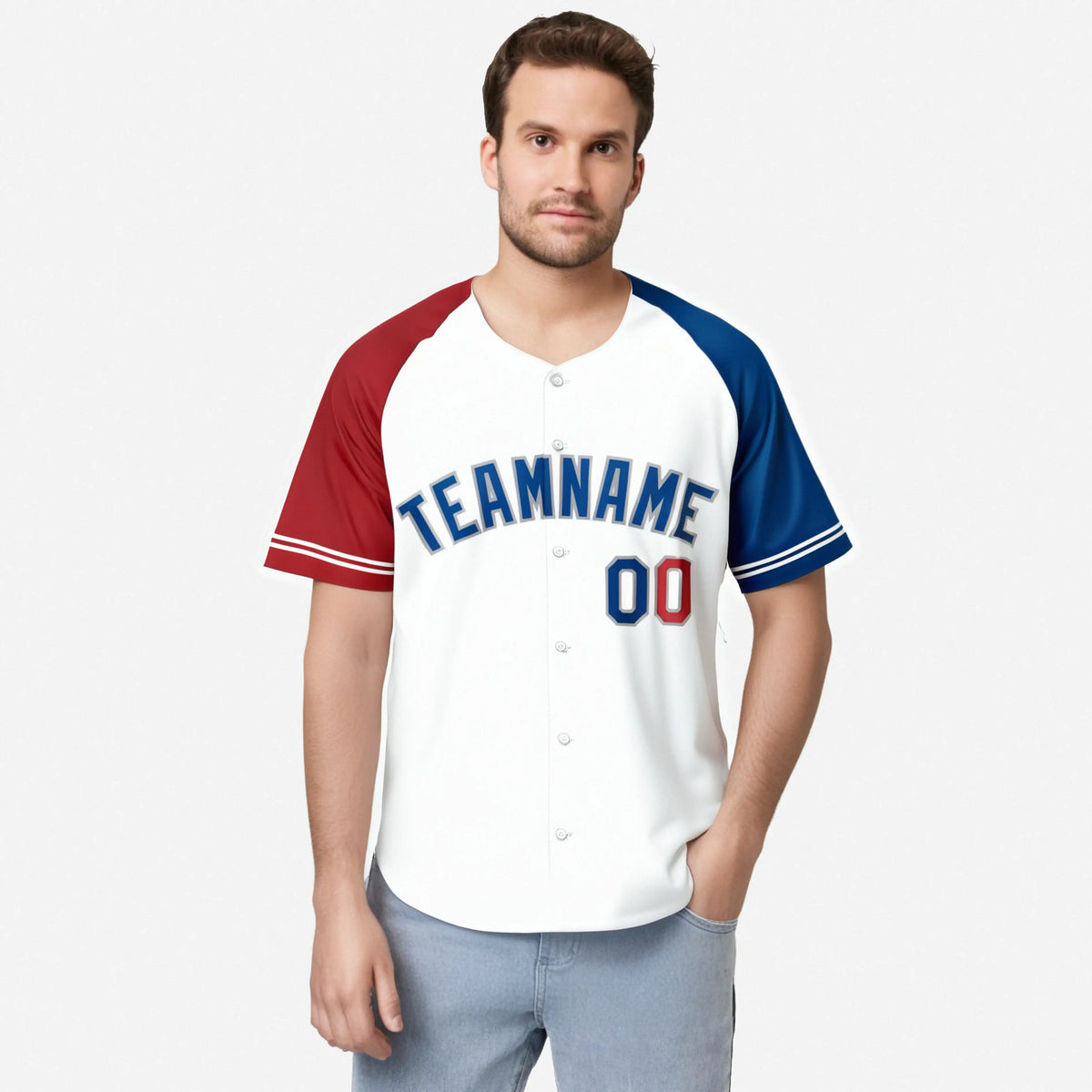 Custom White Red-Blue Authentic Raglan Sleeves Baseball Jersey