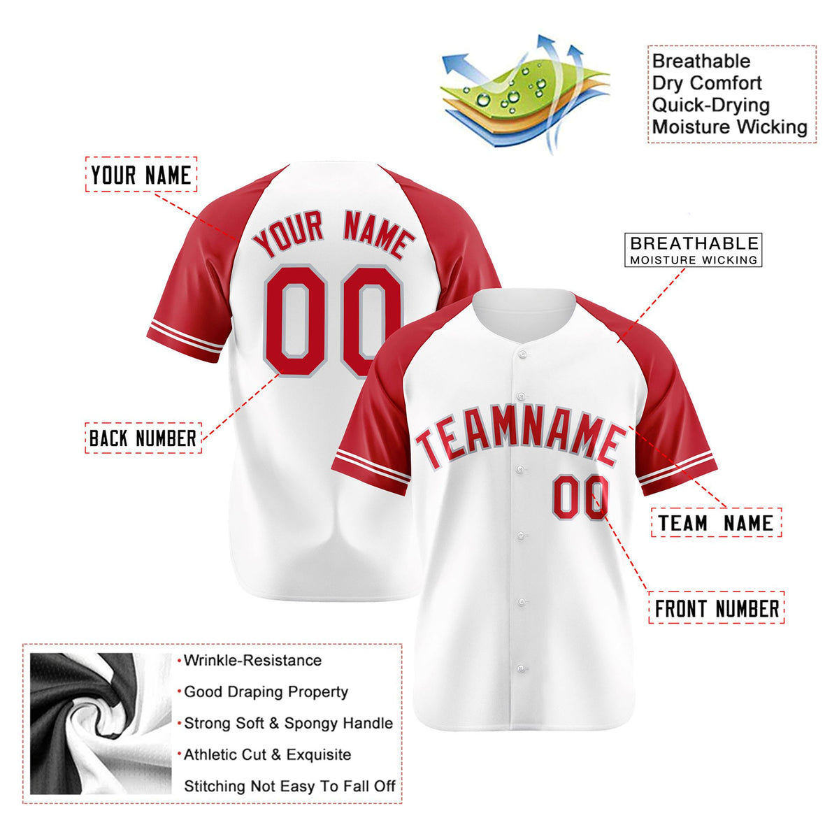 Custom White Red Authentic Raglan Sleeves Baseball Jersey