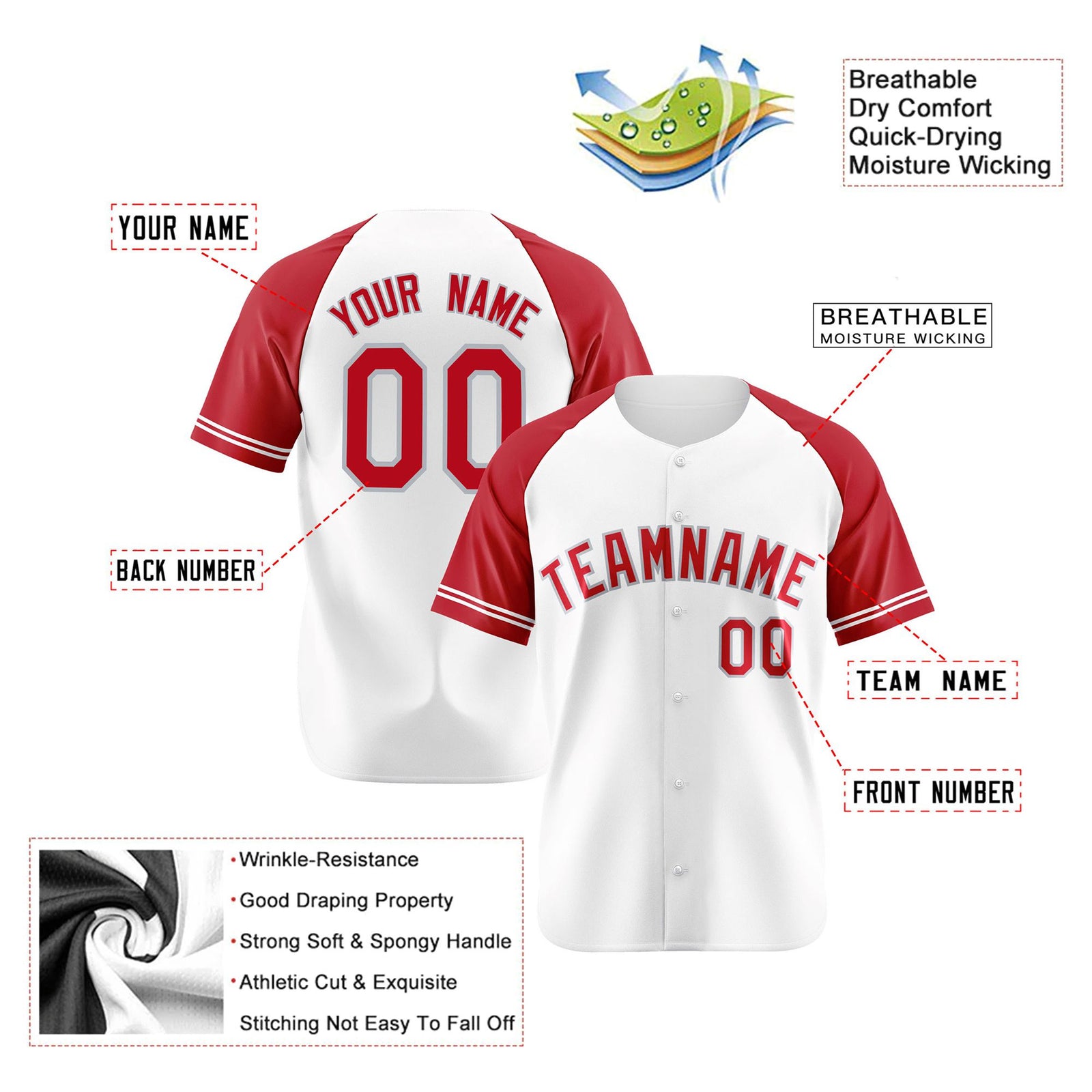 Custom White Red Authentic Raglan Sleeves Baseball Jersey
