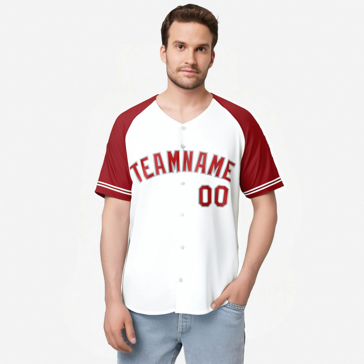 Custom White Red Authentic Raglan Sleeves Baseball Jersey