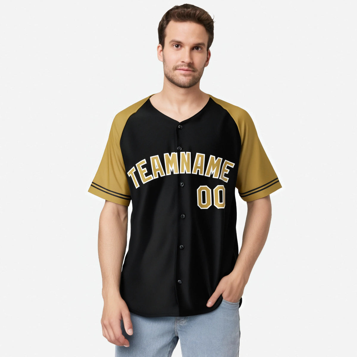 Custom Black Gold Authentic Raglan Sleeves Baseball Jersey