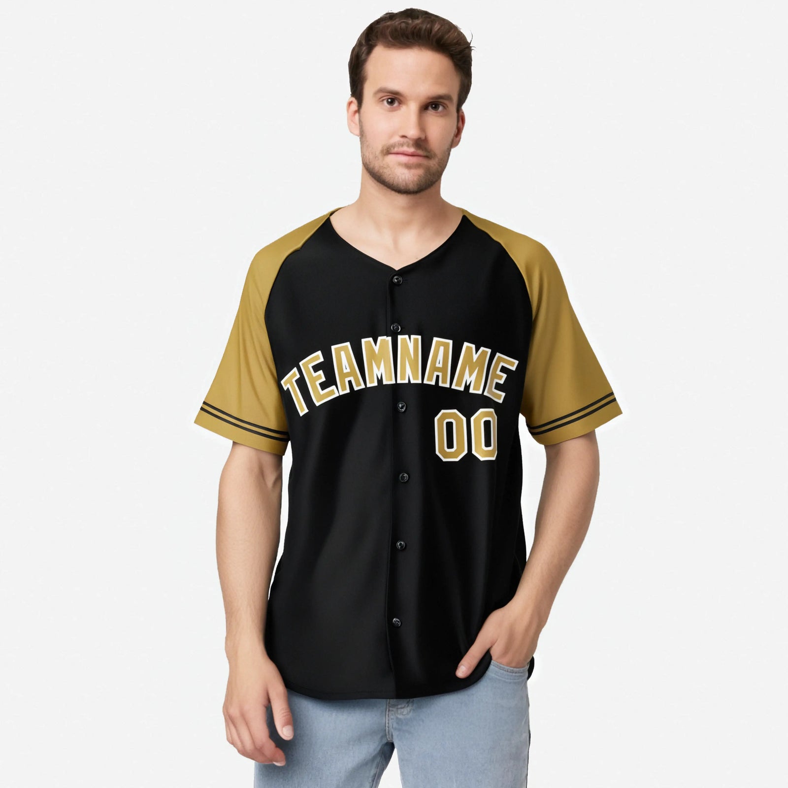 Custom Black Gold Authentic Raglan Sleeves Baseball Jersey