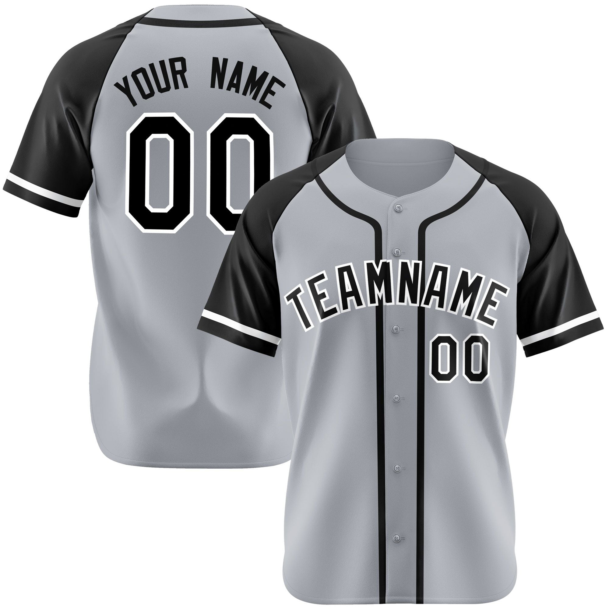 Custom Gray Black Authentic Raglan Sleeves Baseball Jersey