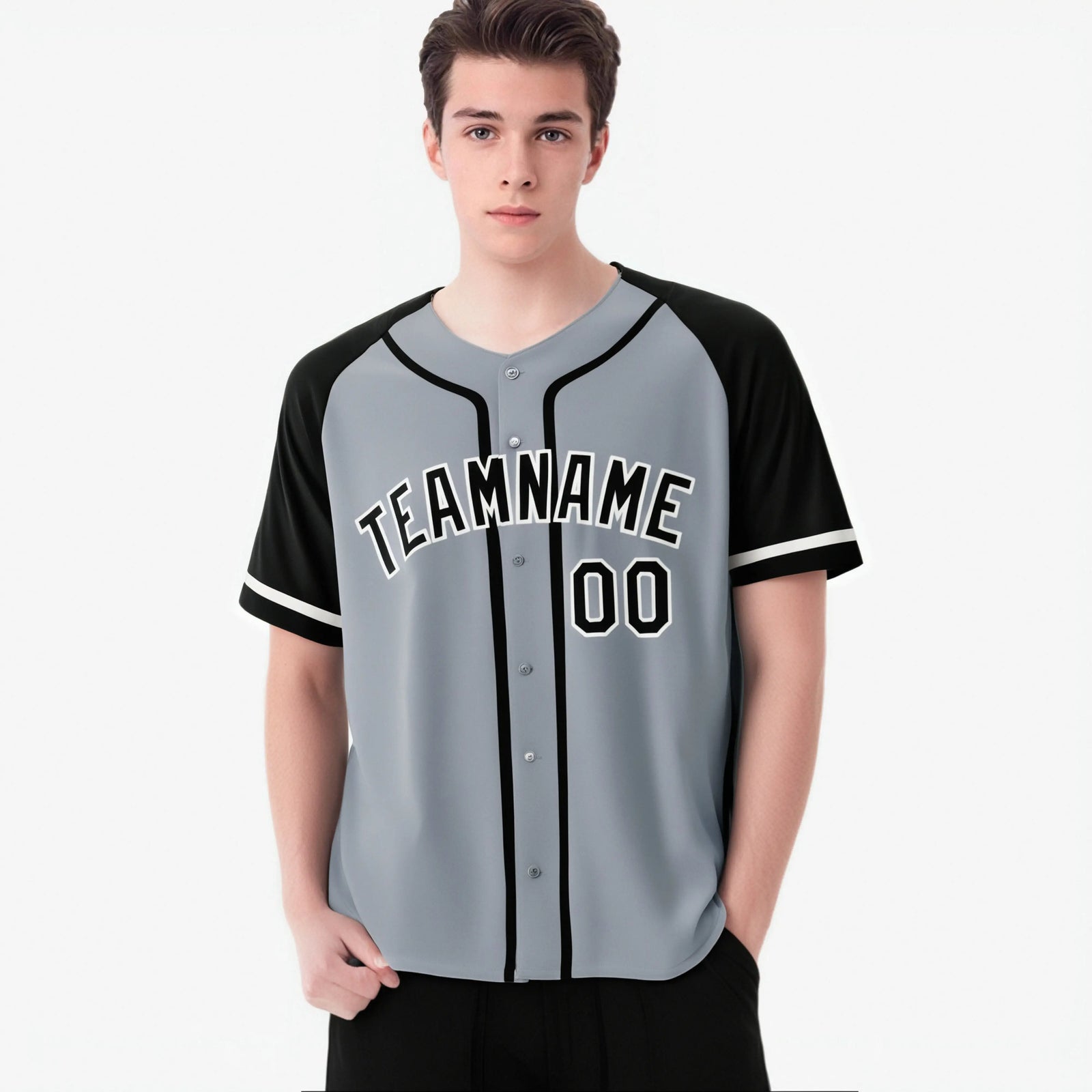 Custom Gray Black Authentic Raglan Sleeves Baseball Jersey