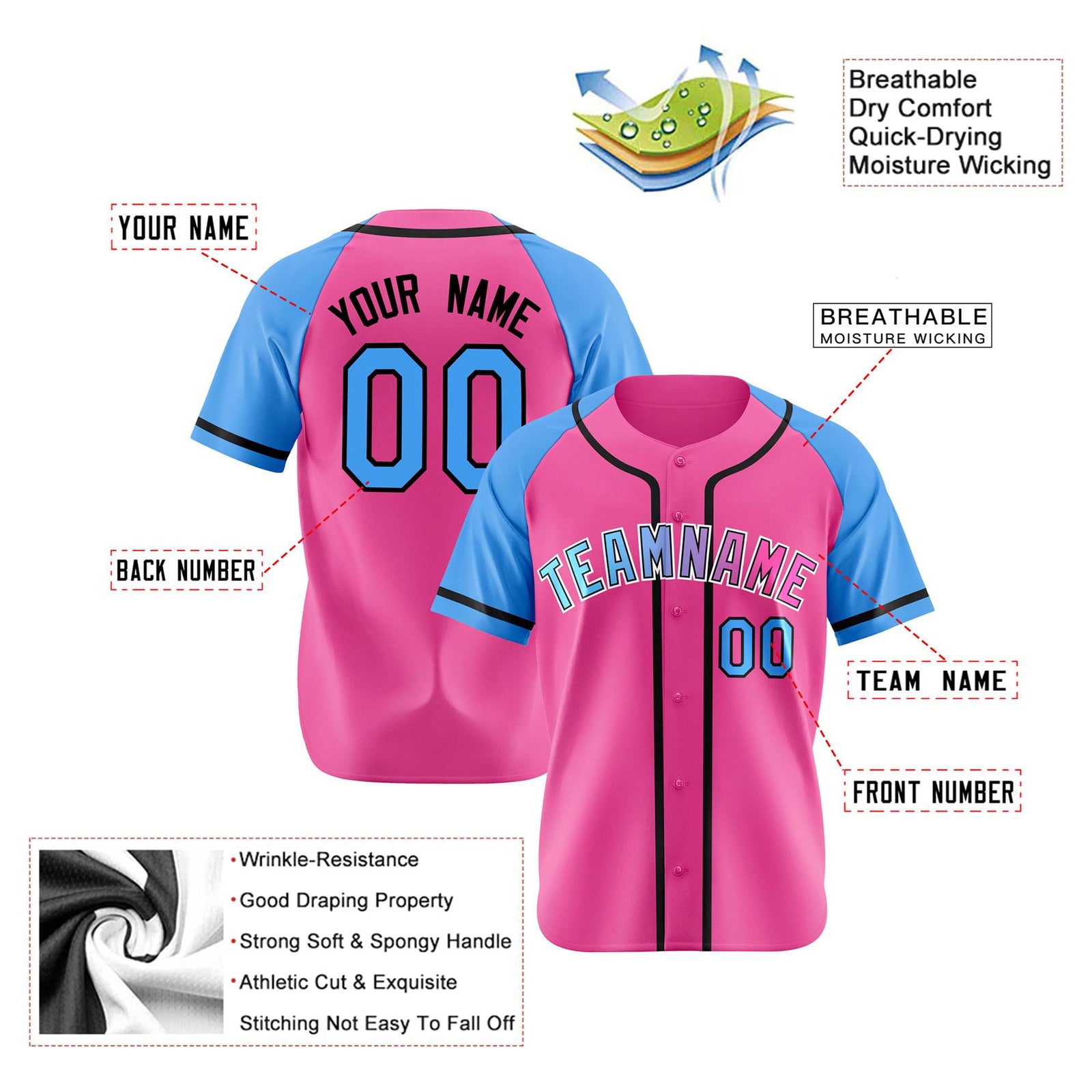 Custom Pink Powder Blue Authentic Raglan Sleeves Baseball Jersey