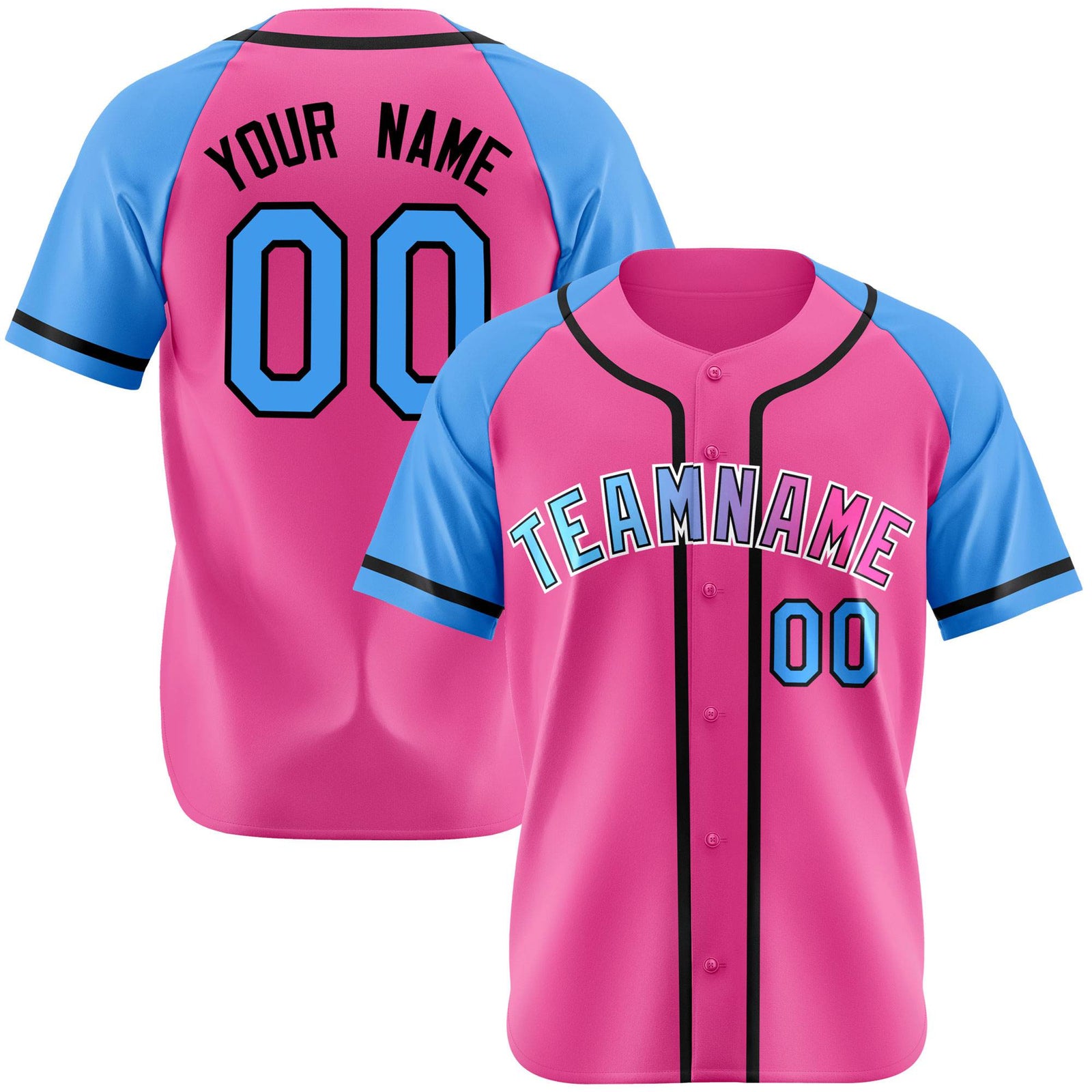 Custom Pink Powder Blue Authentic Raglan Sleeves Baseball Jersey