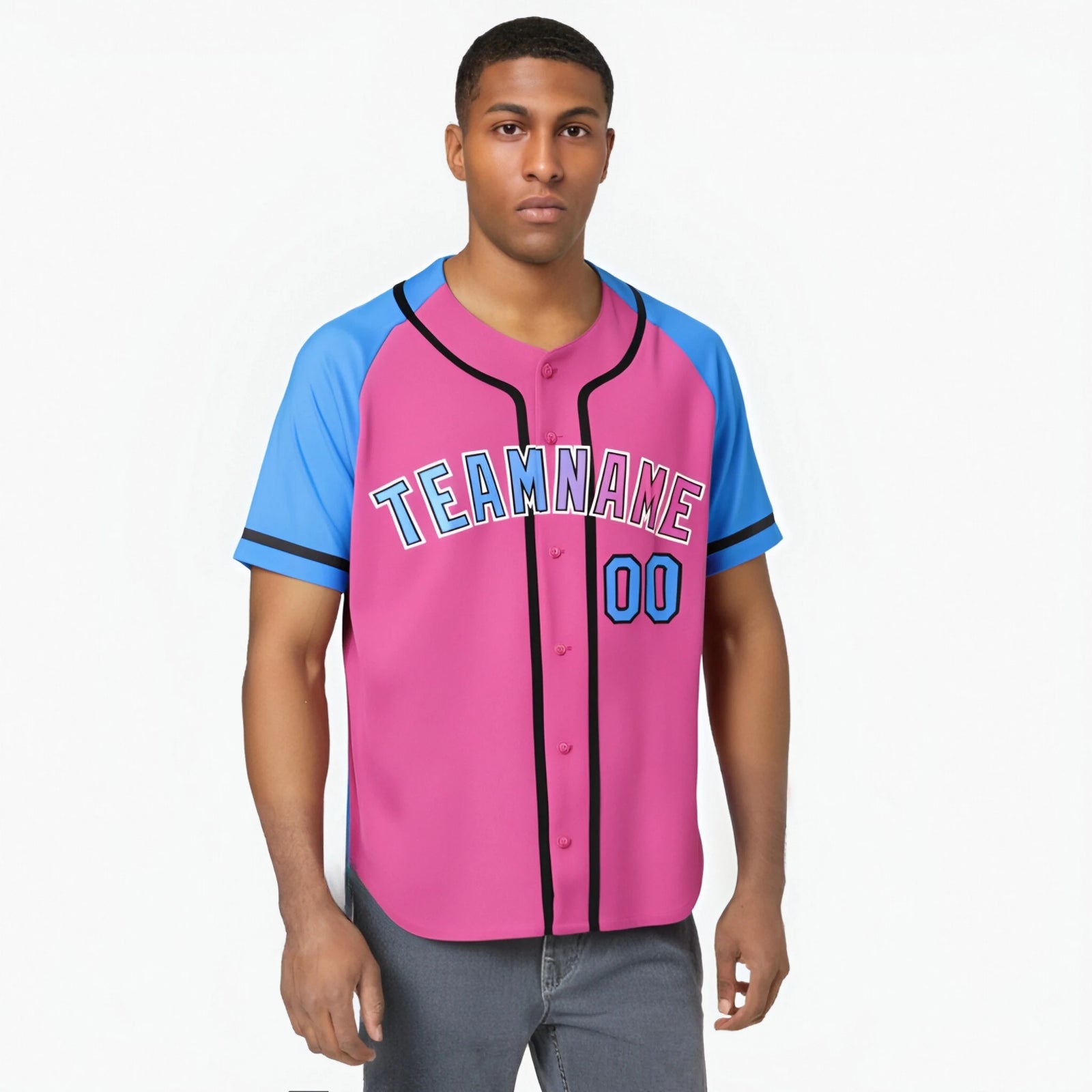Custom Pink Powder Blue Authentic Raglan Sleeves Baseball Jersey