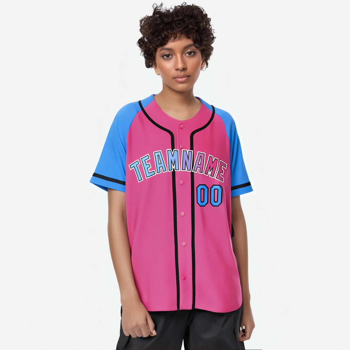 Custom Pink Powder Blue Authentic Raglan Sleeves Baseball Jersey