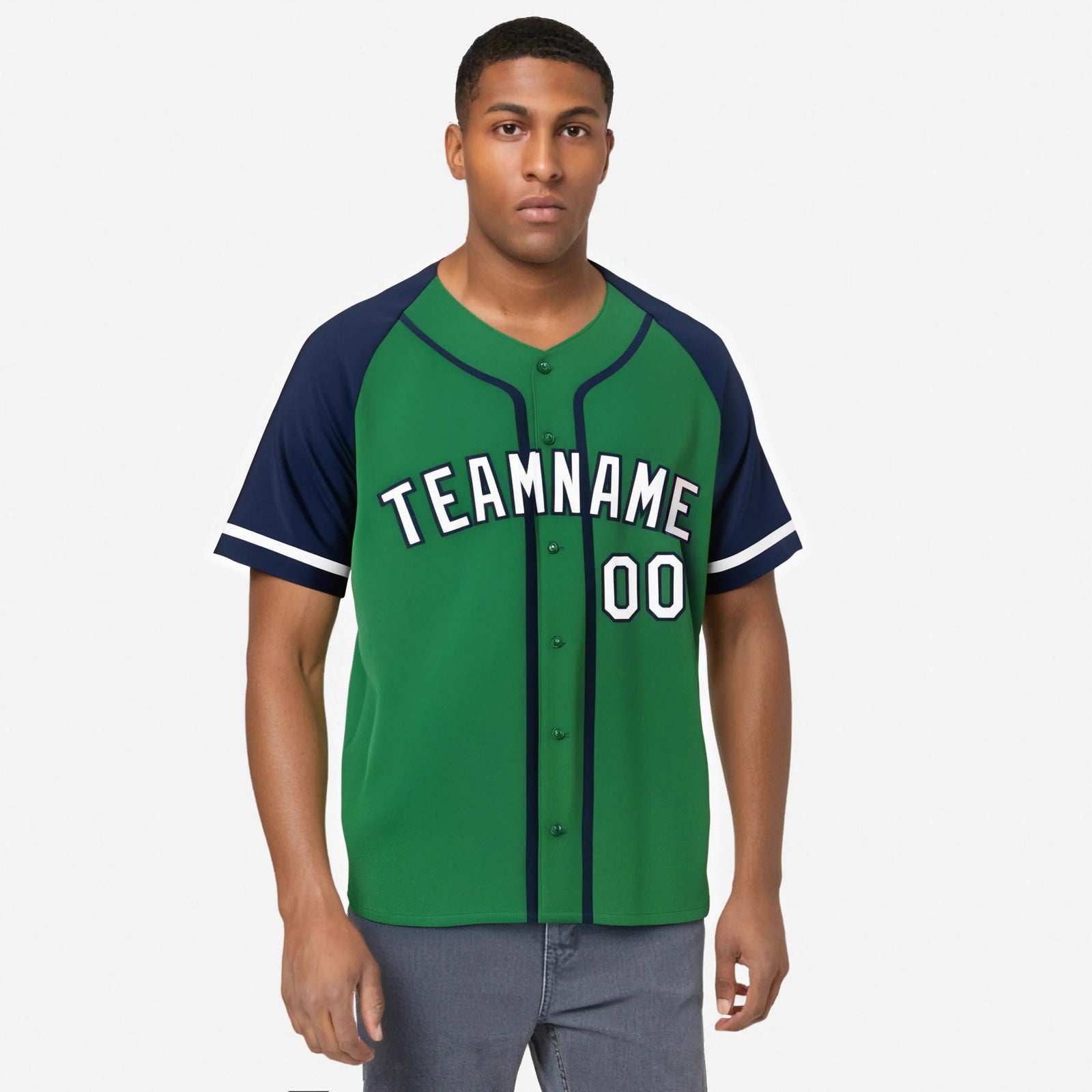 Custom Kelly Green Navy Authentic Raglan Sleeves Baseball Jersey