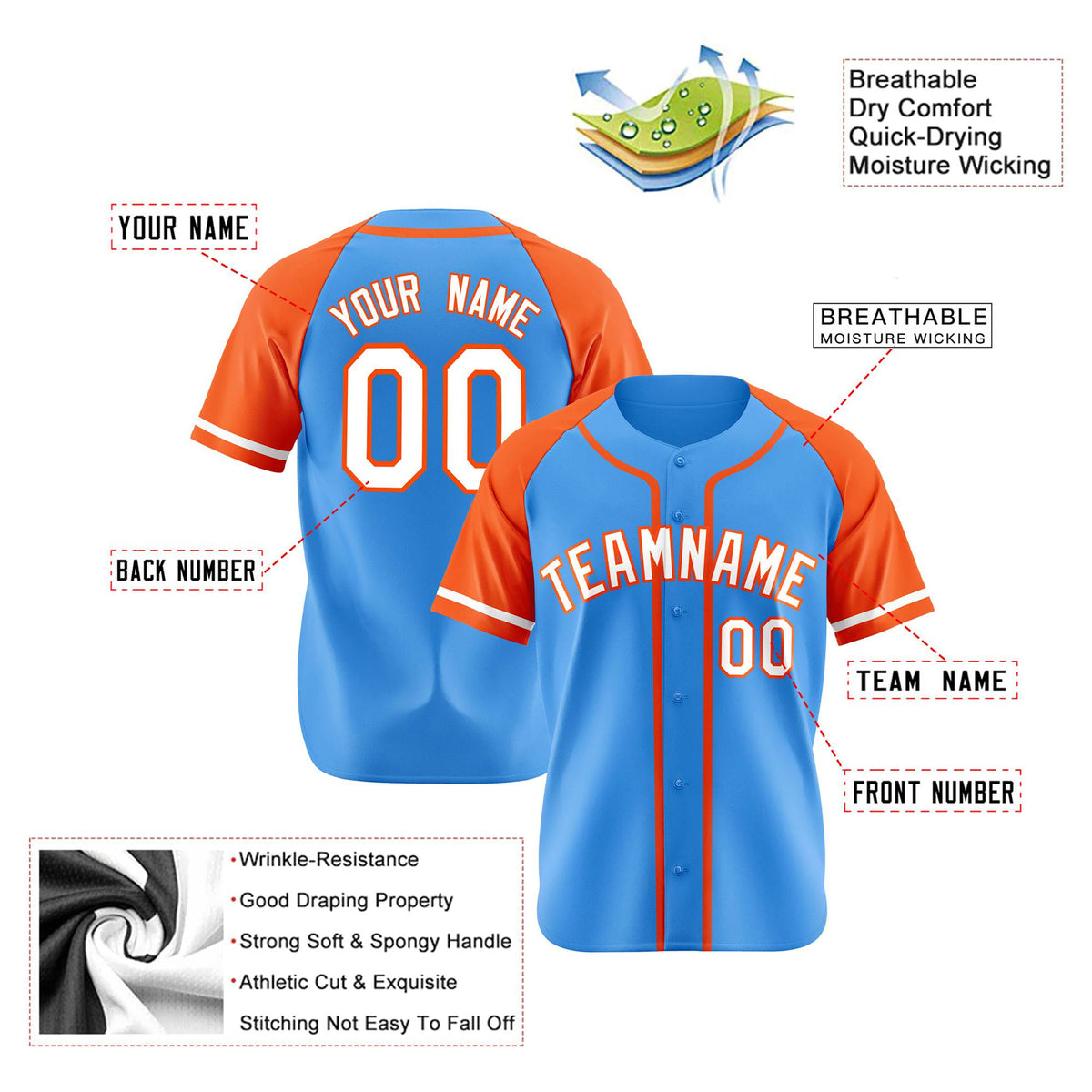 Custom Powder Blue Orange White Authentic Raglan Sleeves Baseball Jersey