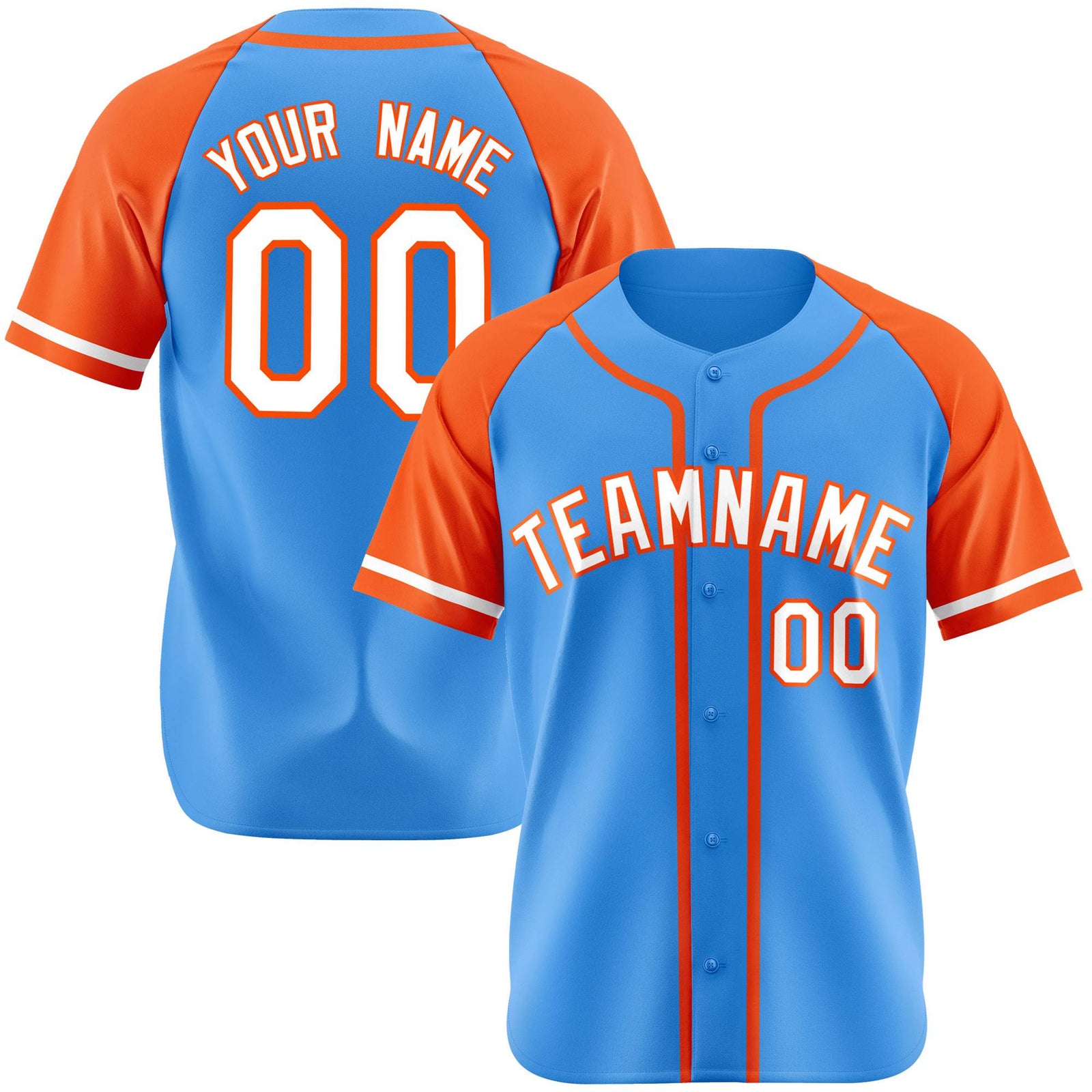 Custom Powder Blue Orange White Authentic Raglan Sleeves Baseball Jersey