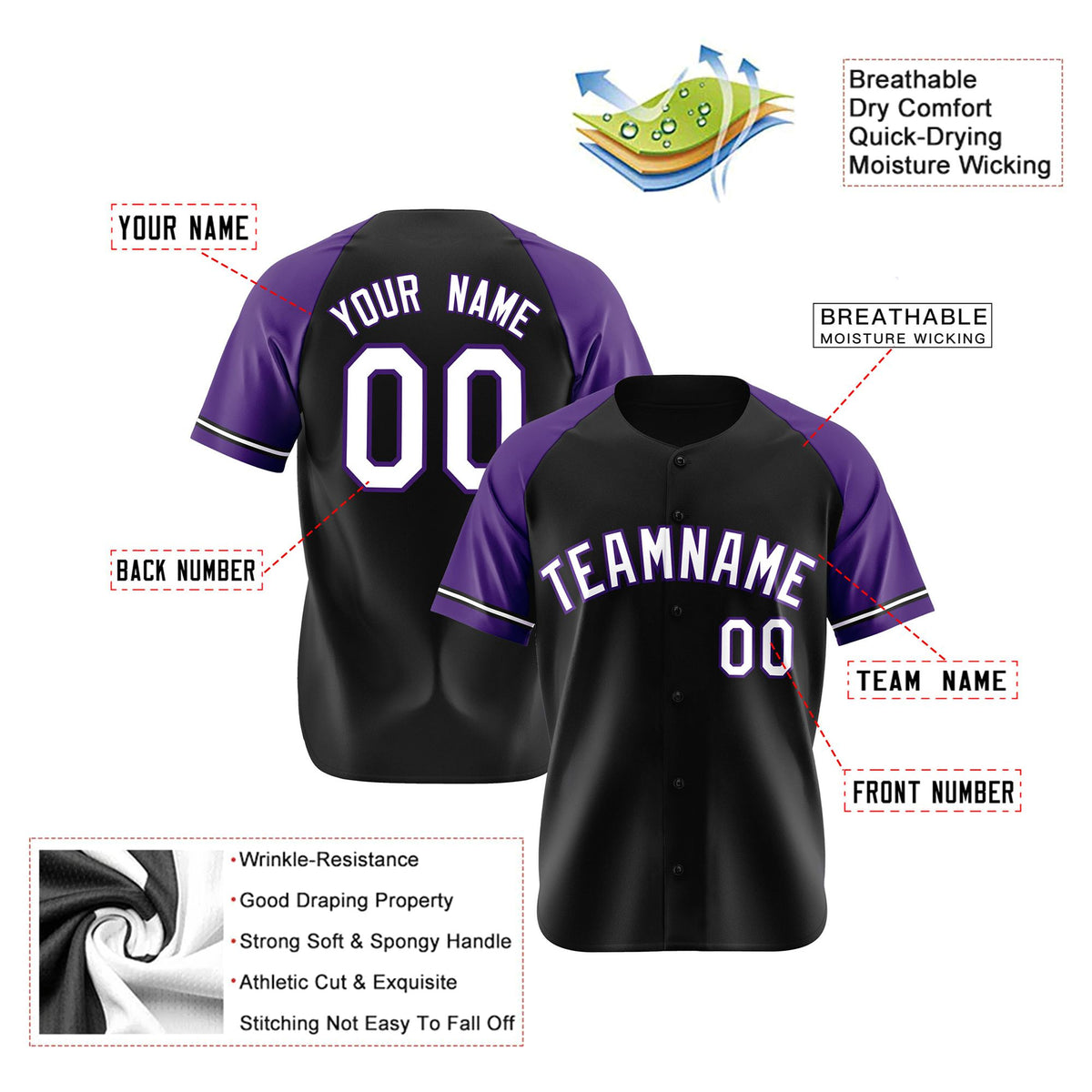 Custom Black Purple White Authentic Raglan Sleeves Baseball Jersey