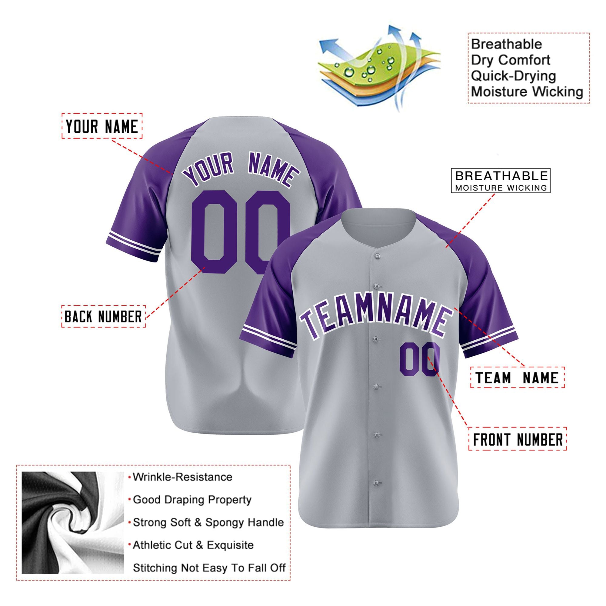 Custom Gray Purple Authentic Raglan Sleeves Baseball Jersey