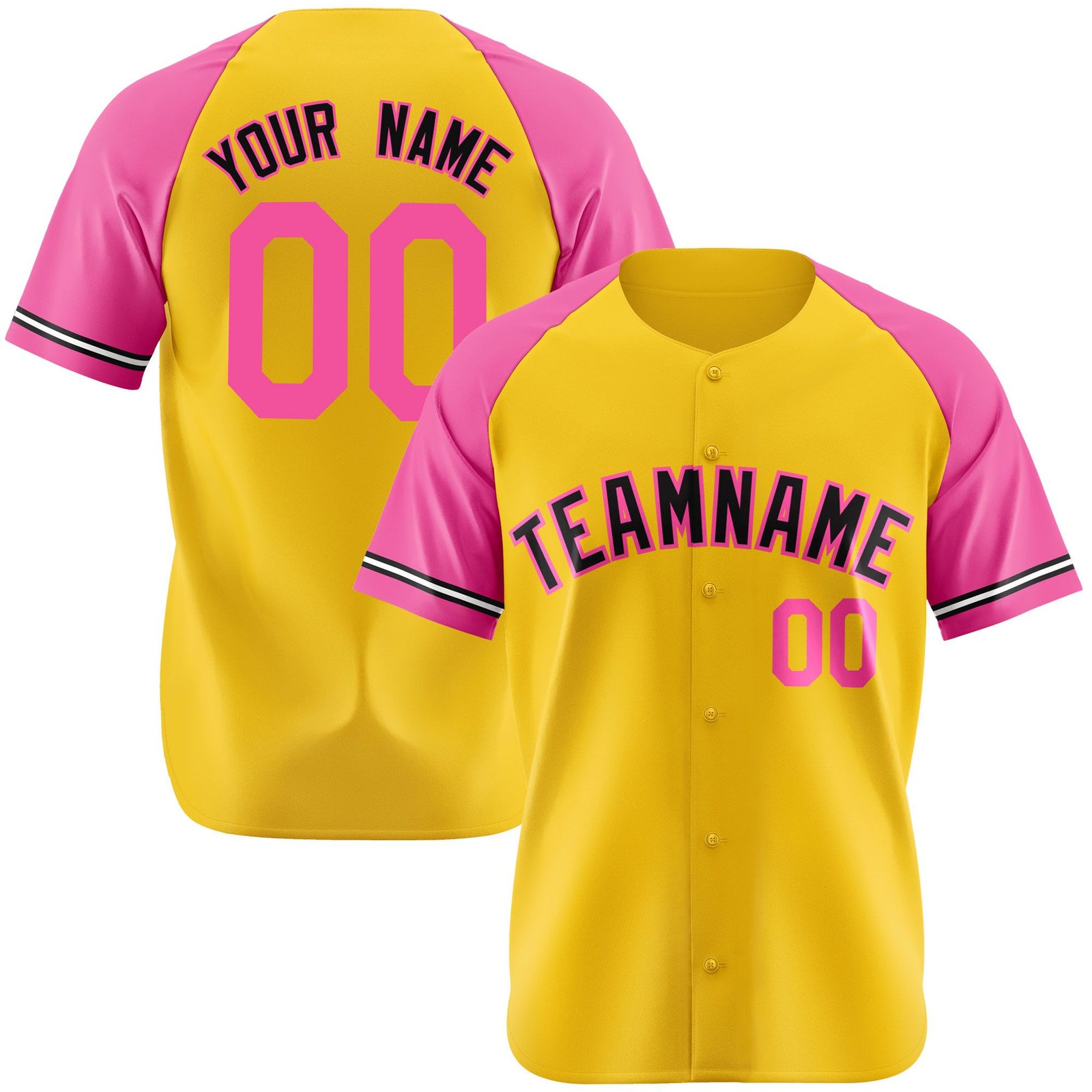 Custom Yellow Pink Authentic Raglan Sleeves Baseball Jersey