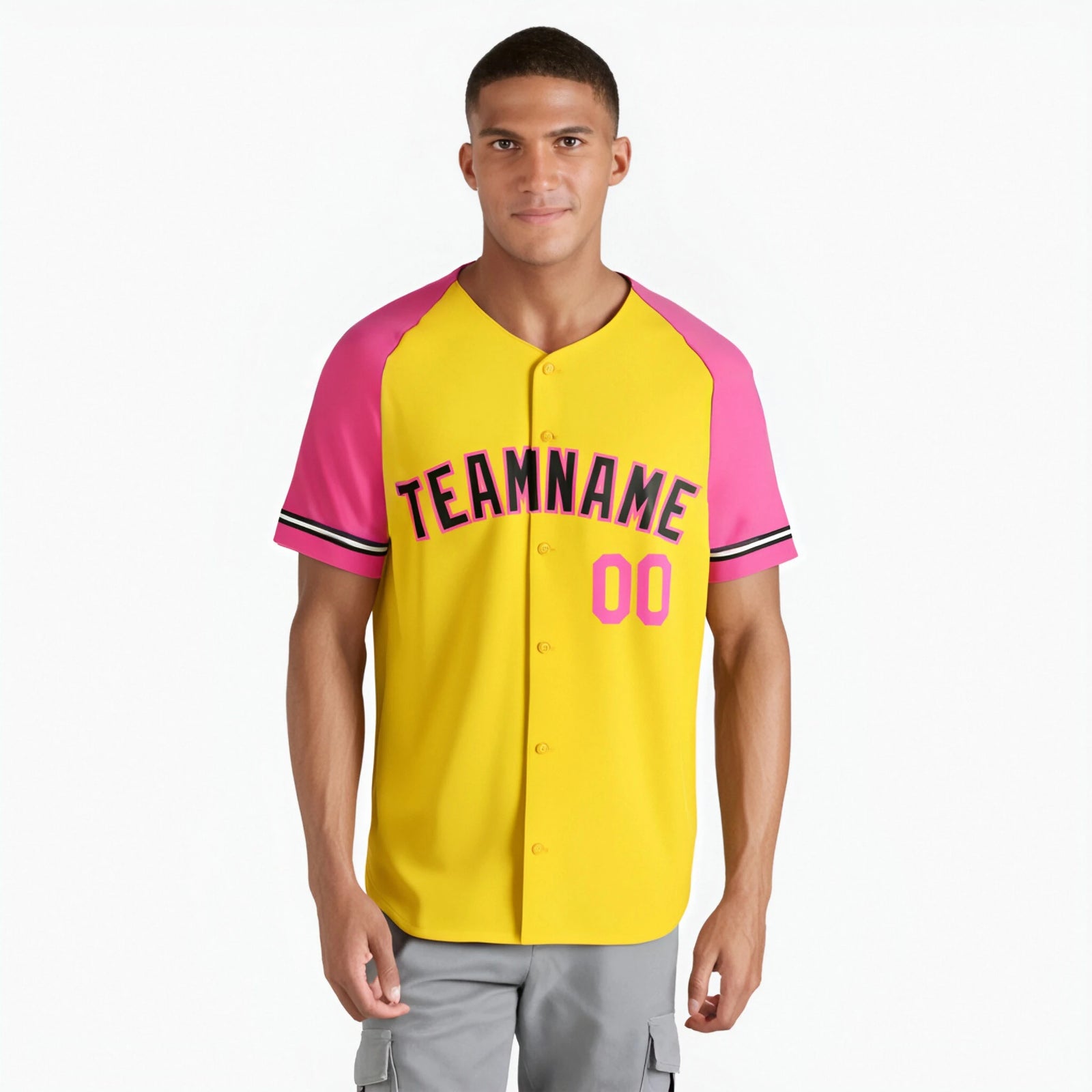 Custom Yellow Pink Authentic Raglan Sleeves Baseball Jersey