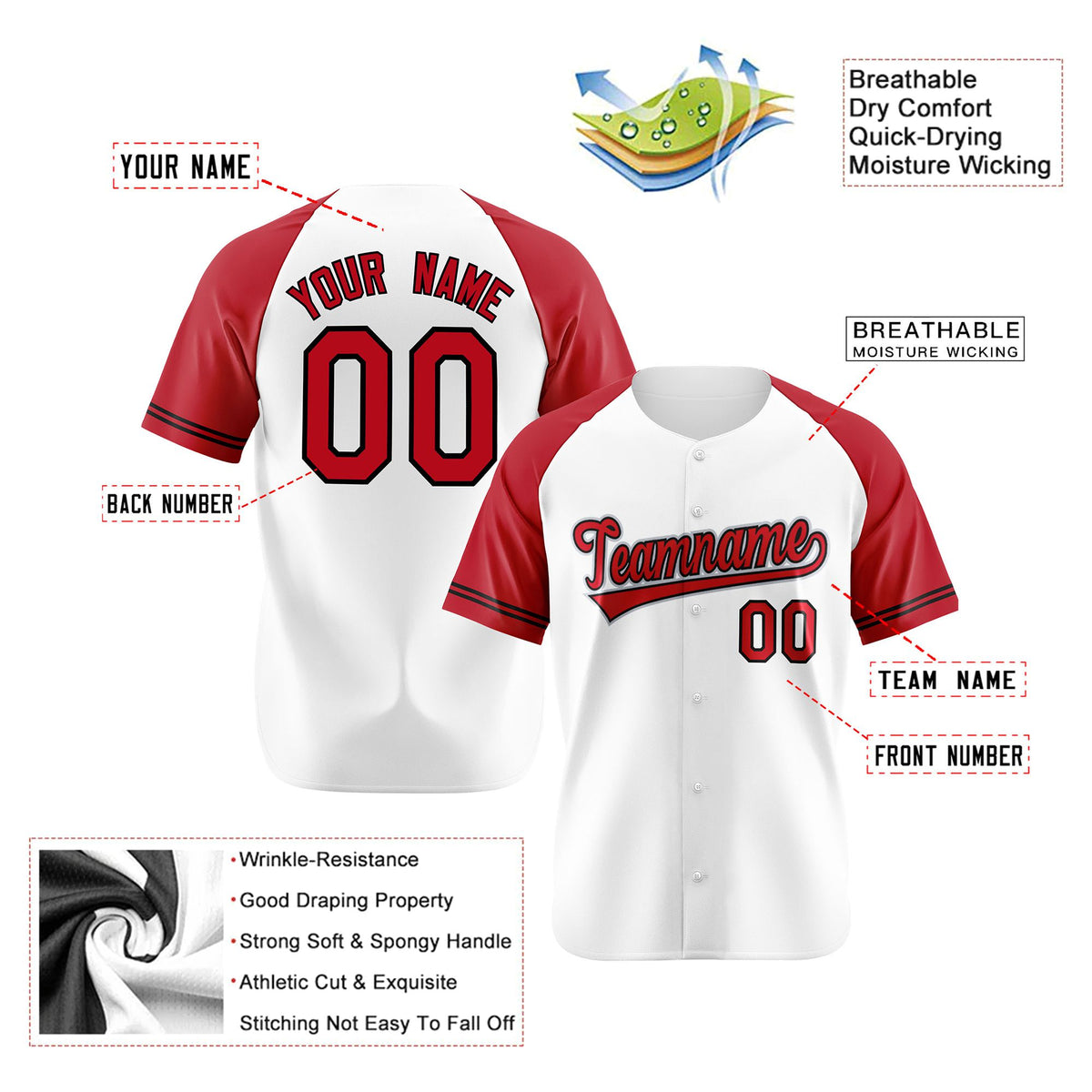 Custom White Red Authentic Raglan Sleeves Baseball Jersey
