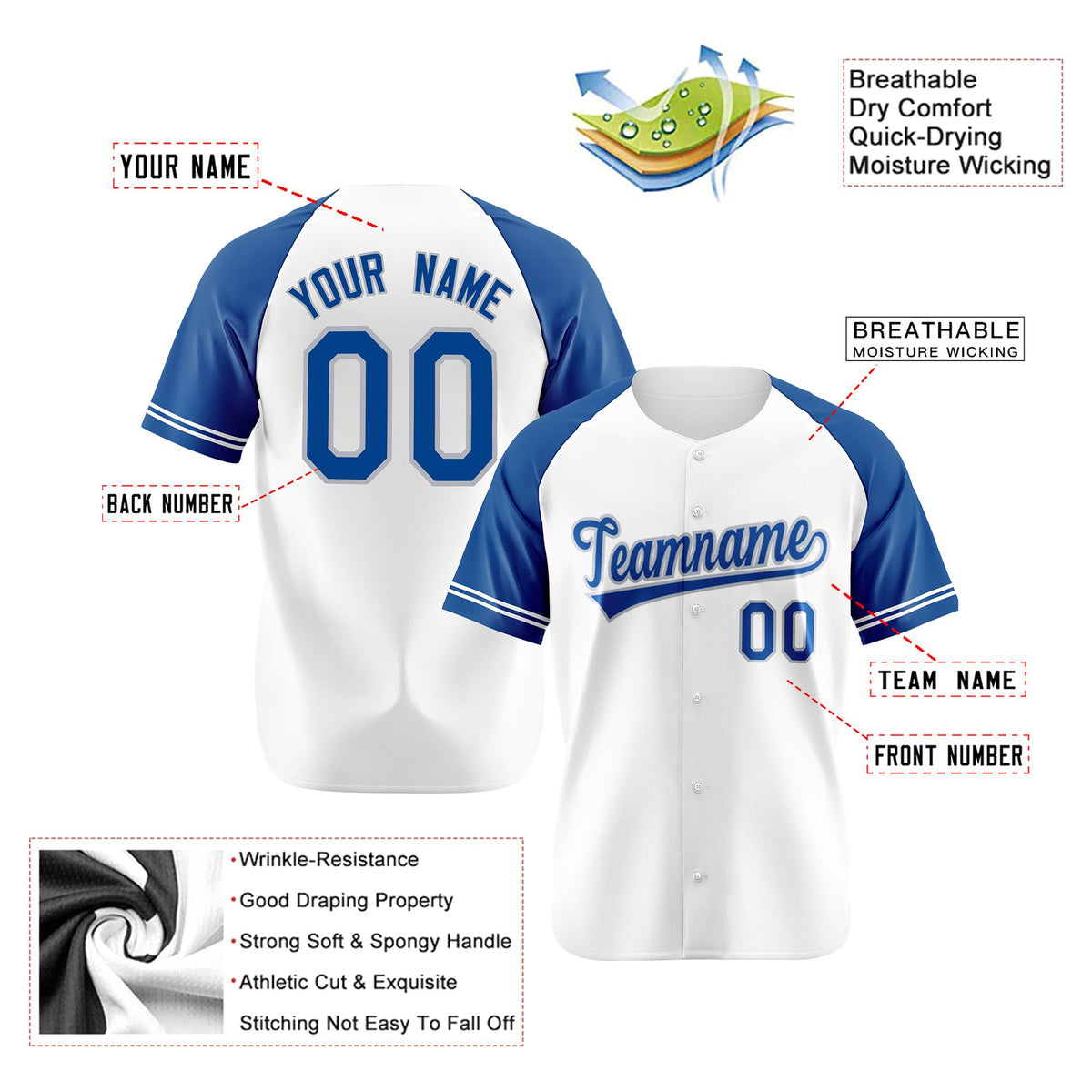 Custom White Royal Blue Authentic Raglan Sleeves Baseball Jersey