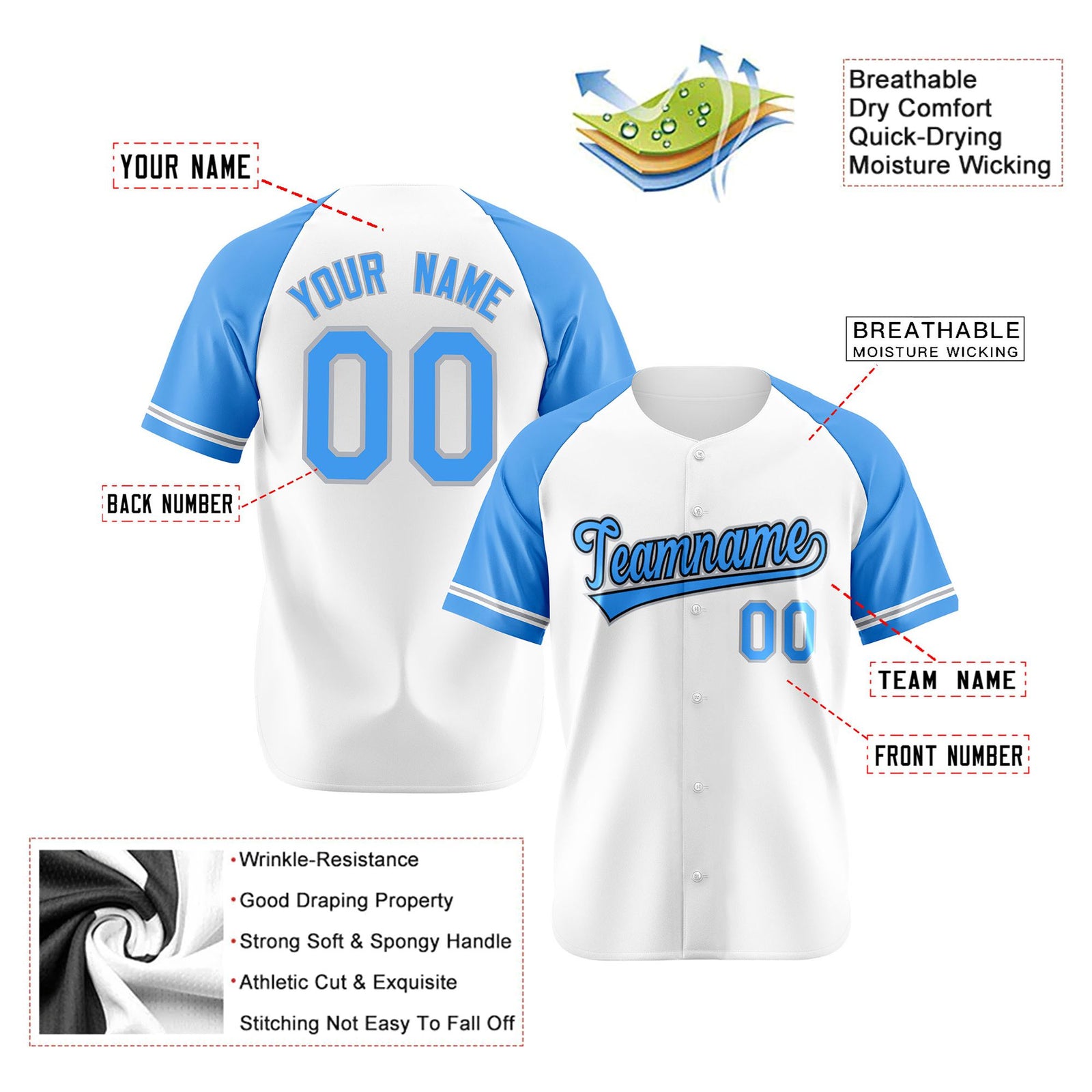 Custom White Light-Blue Authentic Raglan Sleeves Baseball Jersey