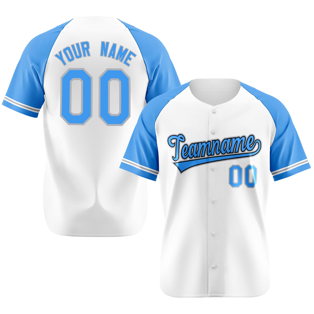 Custom White Light-Blue Authentic Raglan Sleeves Baseball Jersey