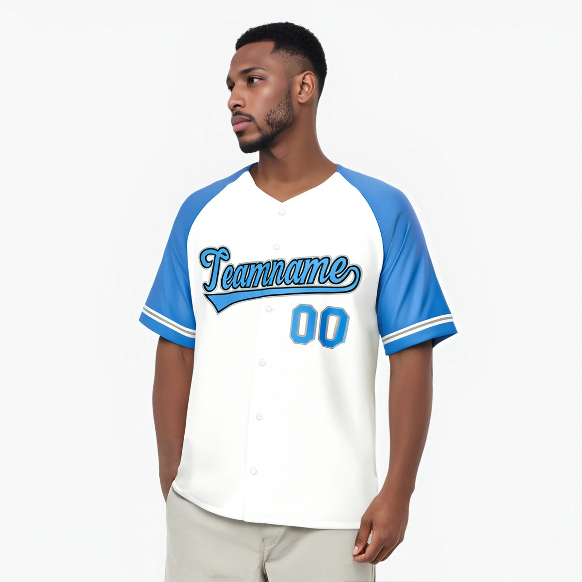 Custom White Light-Blue Authentic Raglan Sleeves Baseball Jersey