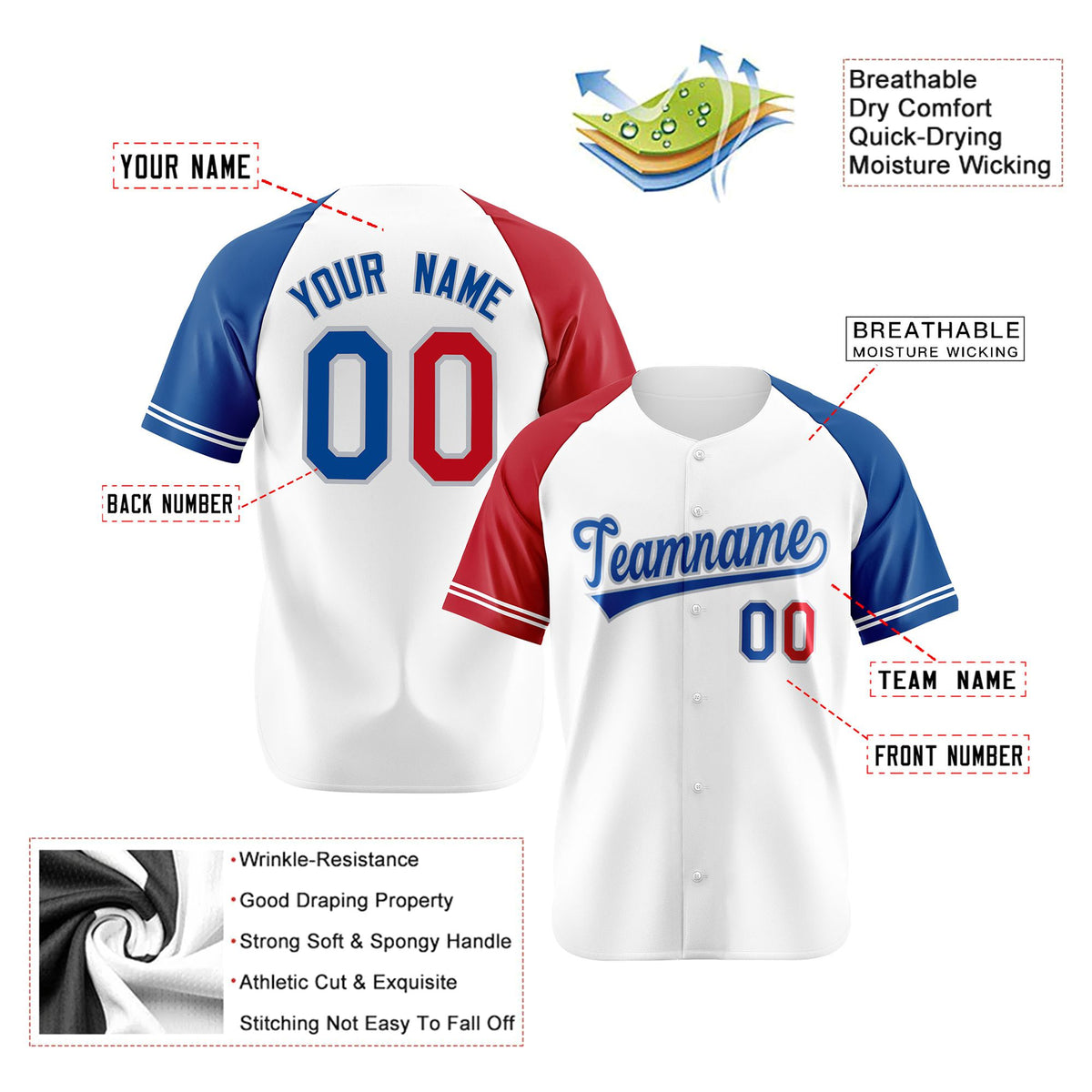 Custom White Red-Blue Authentic Raglan Sleeves Baseball Jersey